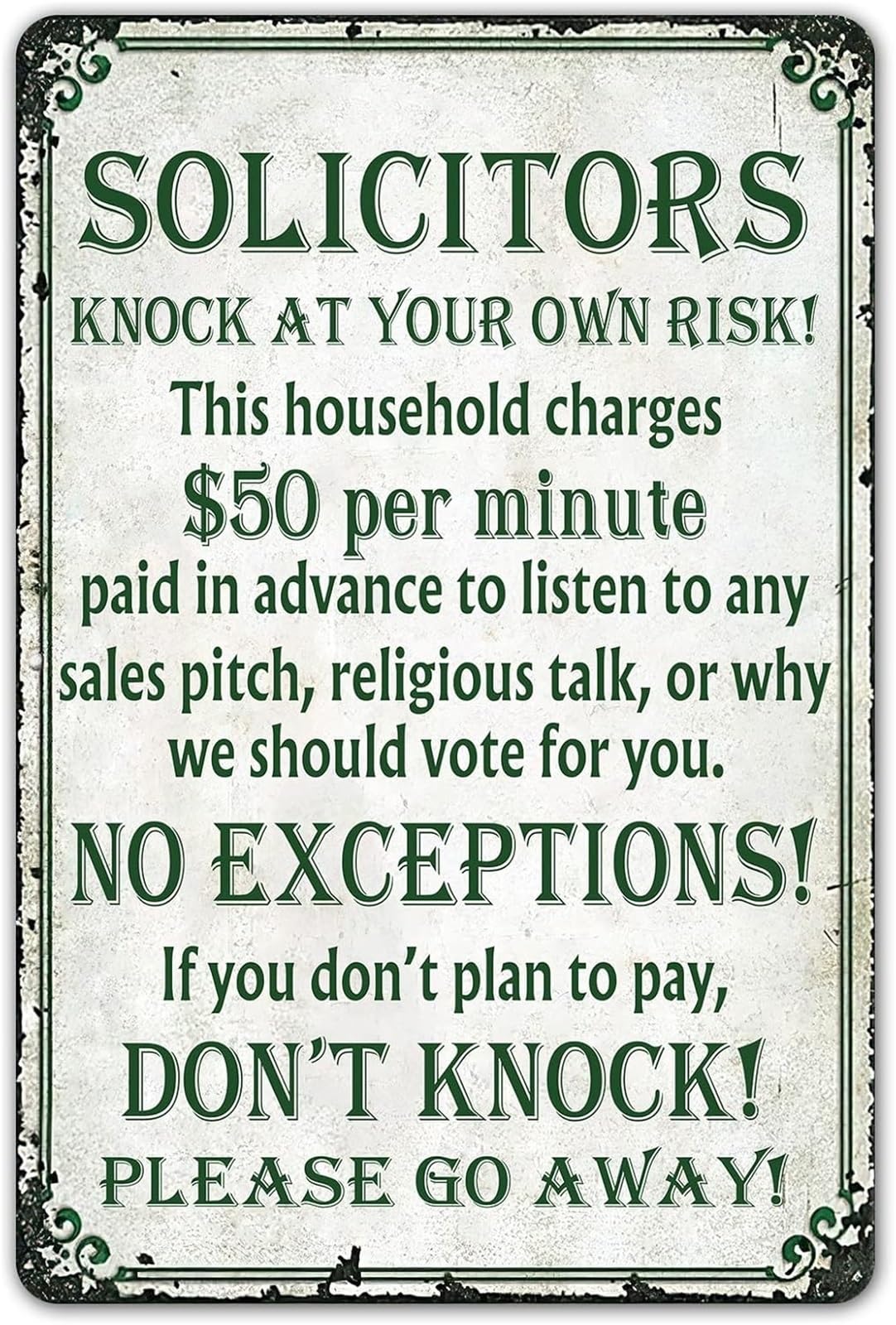NWPNLXEA Funny Humorous No Soliciting Vintage Metal Sign Do Not Disturb Sign for Front Door and Porch (8 X 12 in)