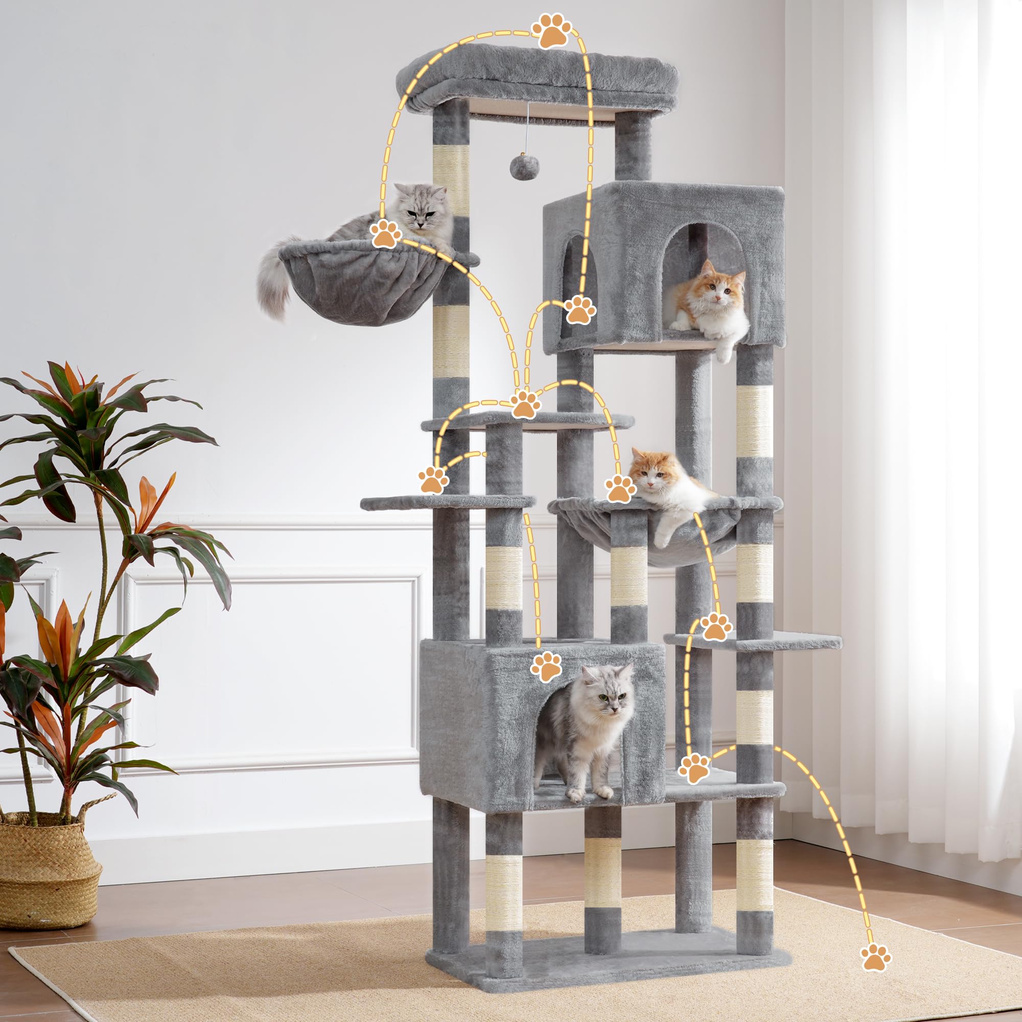 Heybly Kratzbaum Groß, 193 cm Hoch Kratzbaum Grosse Katzen Stabil, Inklusive 2 Katzenhäuschen, Einer Hängematte, Einem Katzenkorb und 10 Sisal-Kratzstämmen, Hellgrau HCT039W