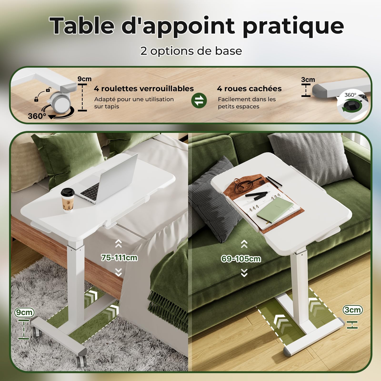 Gibbon Mounts Bureau Assis-Debout Hauteur réglable, Table Chevet INCL. 180° | Chariot mobile pliable blanc, 80x40cm plateau inclinable des deux côtés du lit. Base fine 3cm, 2 types de roues remplaçables