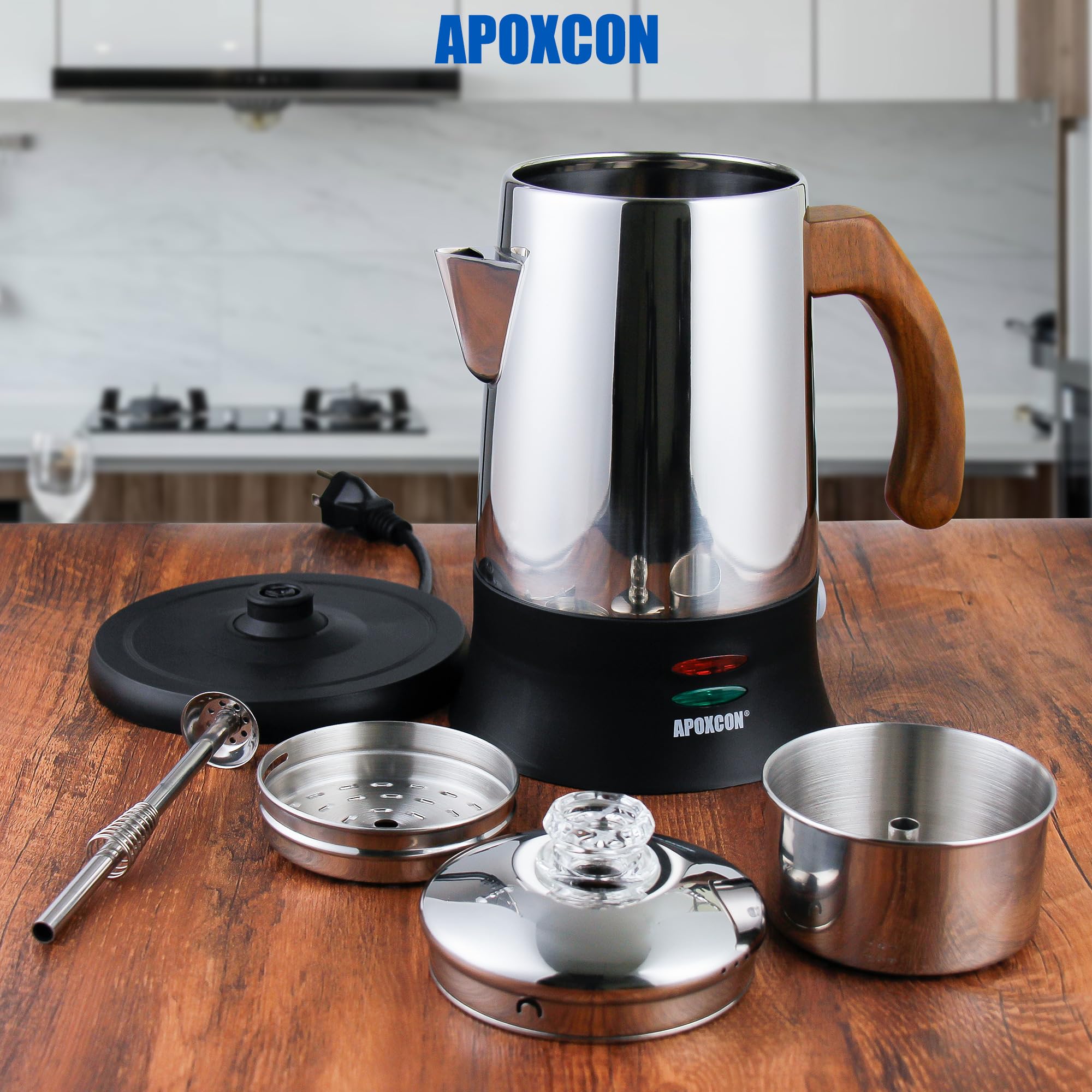 APOXCON Edelstahl 18/8 (SS304) Kaffeemaschine Elektrischer Perkolator, Kordlos mit Schauglas für Haushalt Hotel Geschenkbox (6 Tassen)