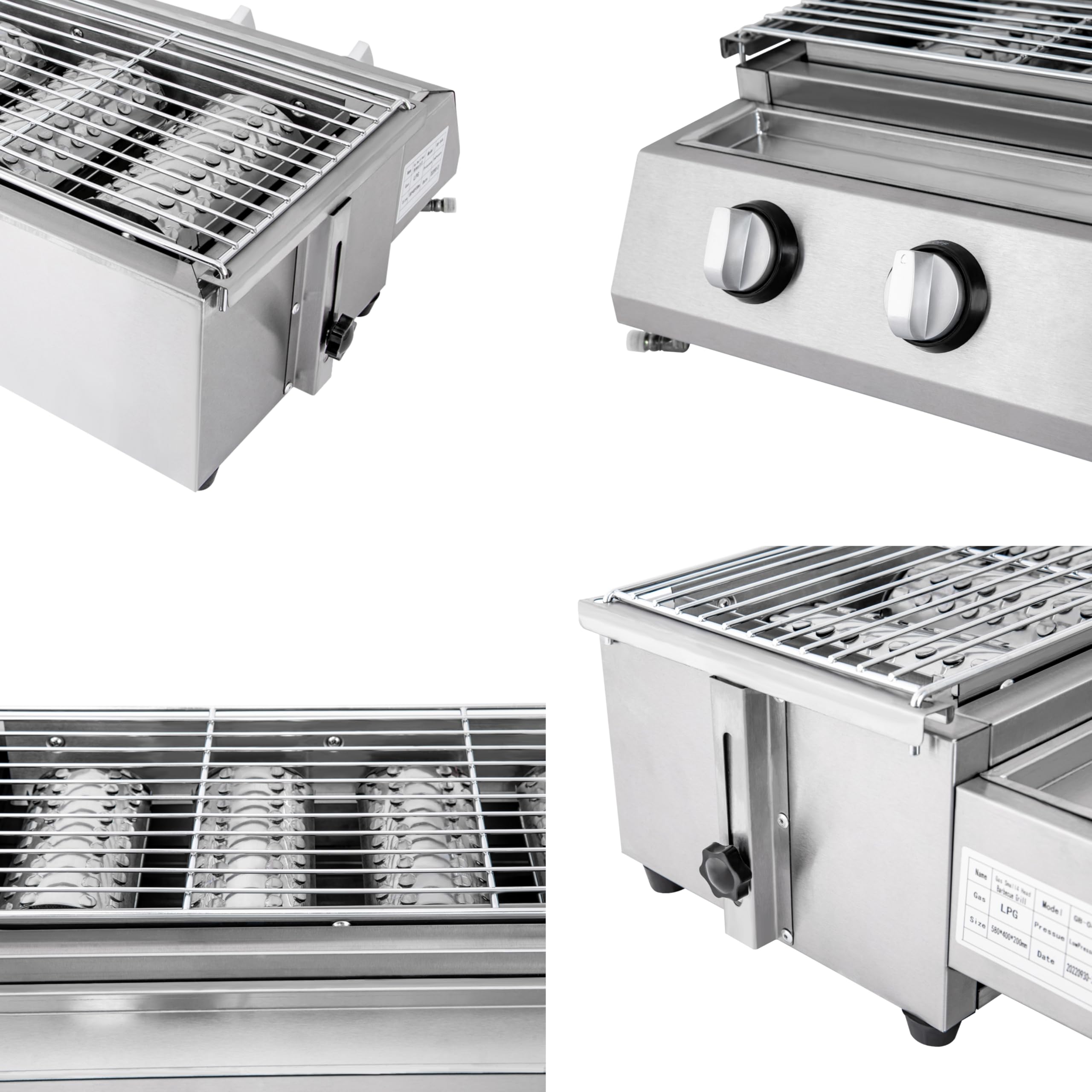 Barbacoa de gas portátil de acero inoxidable con 4 reguladores de temperatura, altura ajustable, parrilla de gas de mesa con encendido electrónico, 4 quemadores para camping, barbacoa de gas con
