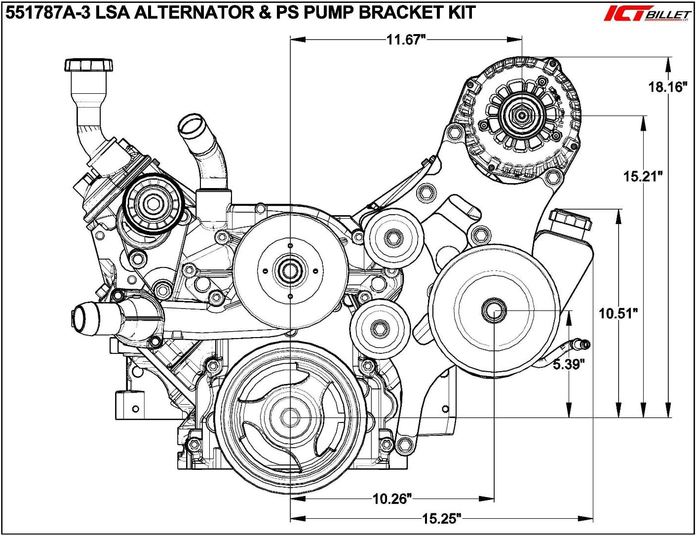 ICT Billet LS Truck LSA Supercharger Swap 6 rib Alternator and Power Steering Bracket Kit 551787A-3