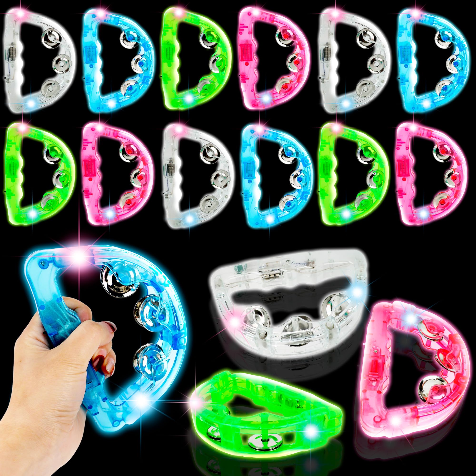 16 Pcs LED Tambourines Musical LED Tambourine Toys Light Up Tambourine Bulk Colorful Handheld Tambourines Glow in The Dark for Wedding Party Favors Percussion Instrument