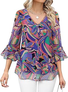 Sponsored You’re seeing this ad based on the product’s relevance to your search query.Learn more about this advertisement Vafoly Women's Elegant Casual Tunic Ruffle 3/4 Sleeve V-Neck Floral Chiffon Blouses