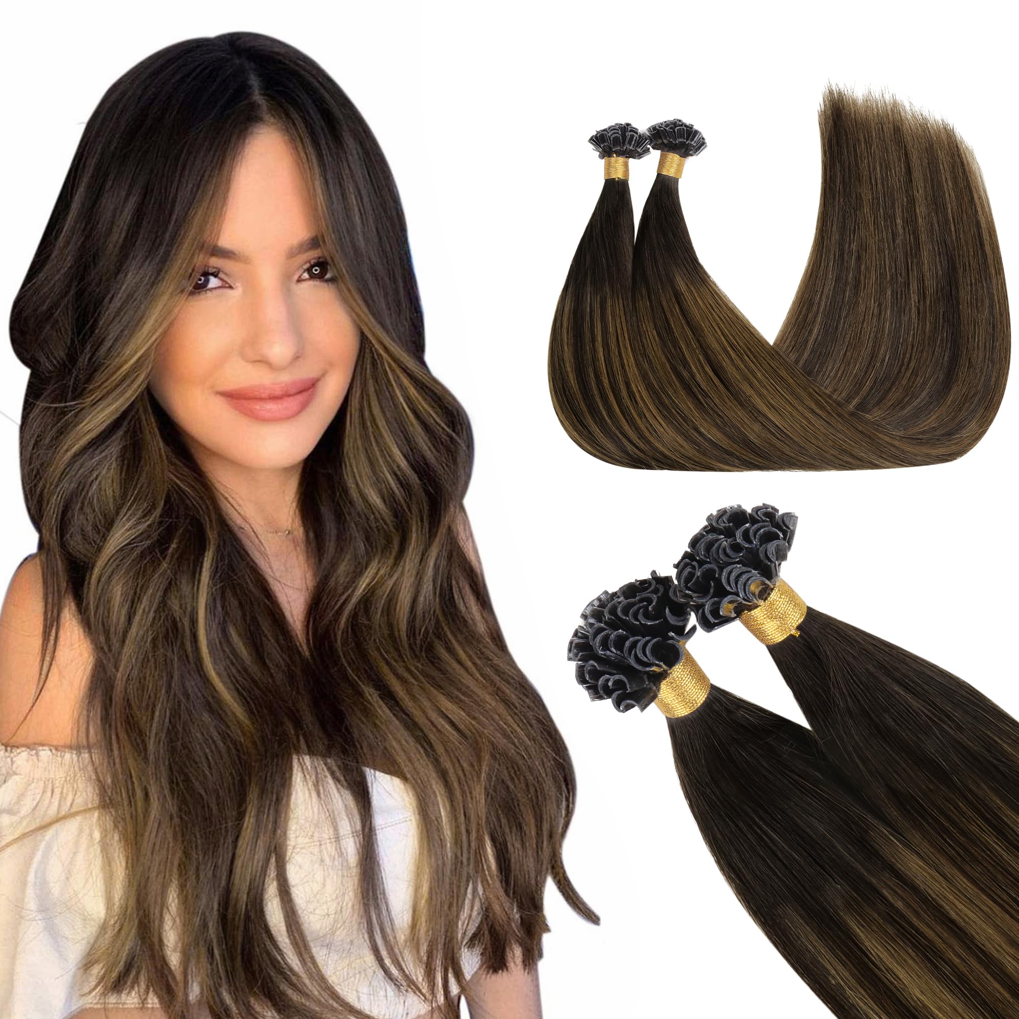 GOO GOO U Tip Hair Extensions Real Human Hair,Balayage Dark Brown to Chestnut Brown 50g 20inch 50 Strands Hot Fusion Keratin Hair Extensions