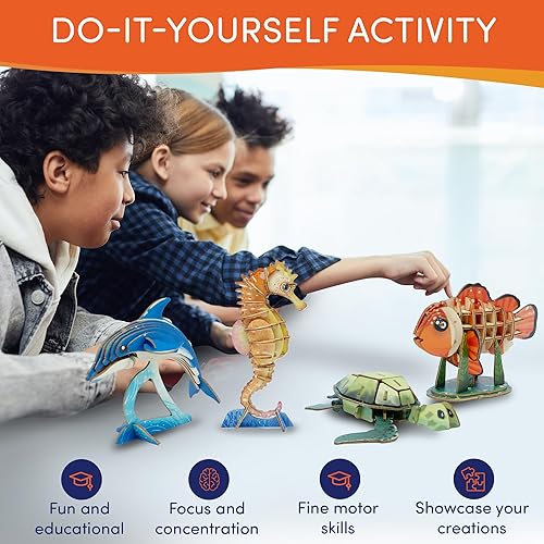 Miniatura 5 de Paquete de rompecabezas de madera 3D de bricolaje, coloridos modelos de animales marinos, kits de construcción para niños y adultos, rompecabezas