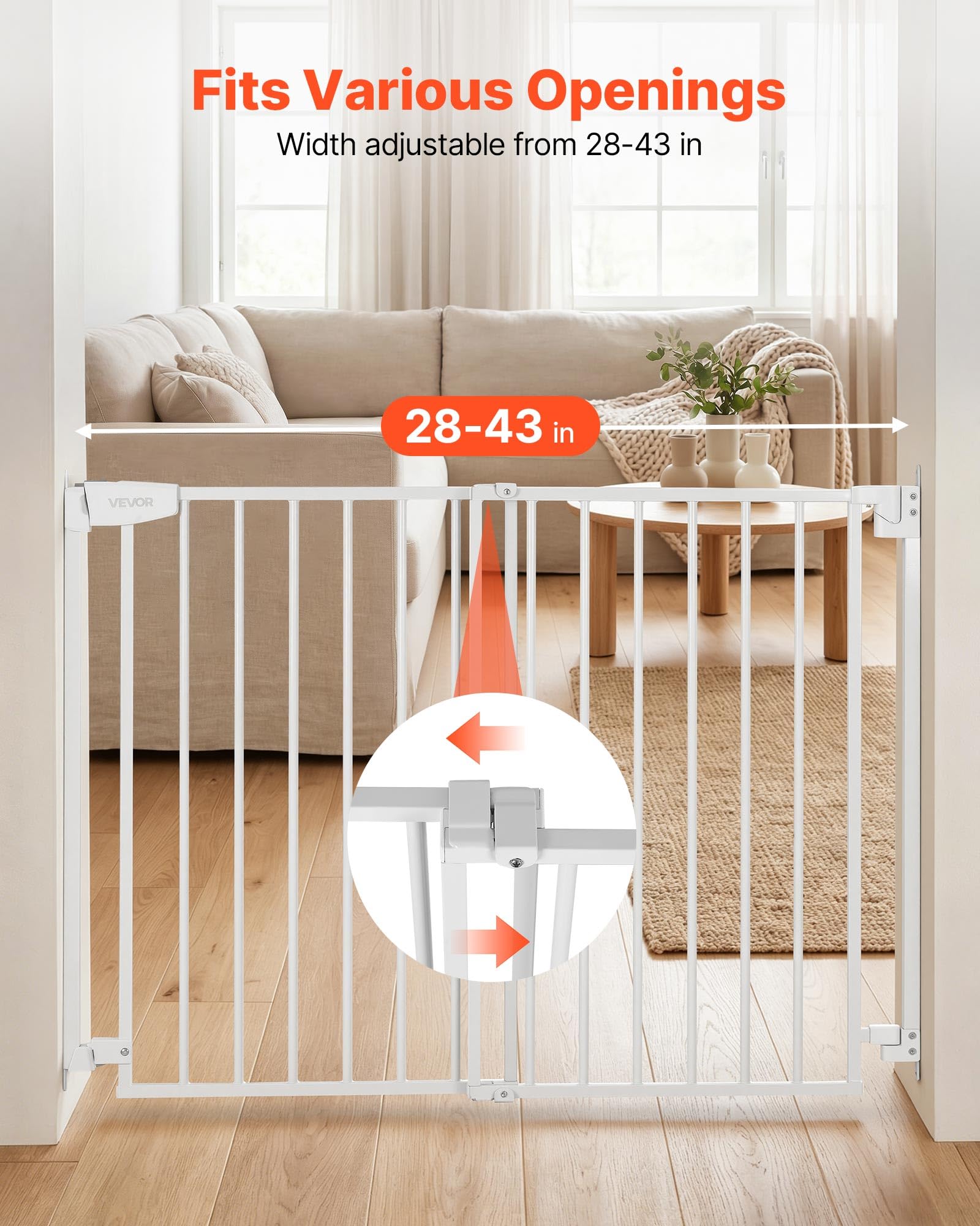 VEVOR Barrera de Seguridad para Niños, 920 mm x 720-1085 mm, Valla de Seguridad Infantil para Gatos y Perros, con Doble Bloqueo Cierre Automático, Apertura de Una Mano, para Escaleras Hogar, Blanco