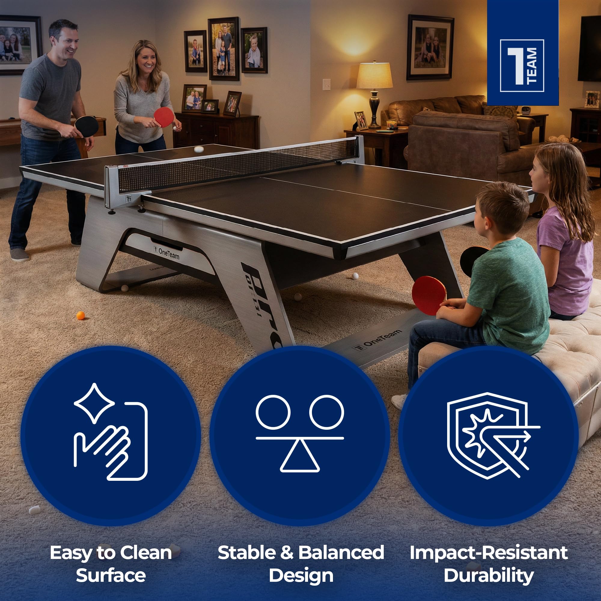 OneTeam Tischtennisplatte Indoor Profi – 22mm MDF Turnierplatte – 274x152,5x76 cm – Stabil 147kg – Mit Netz & Schublade – OT-TTI-PRO Schwarz/Bambus Design