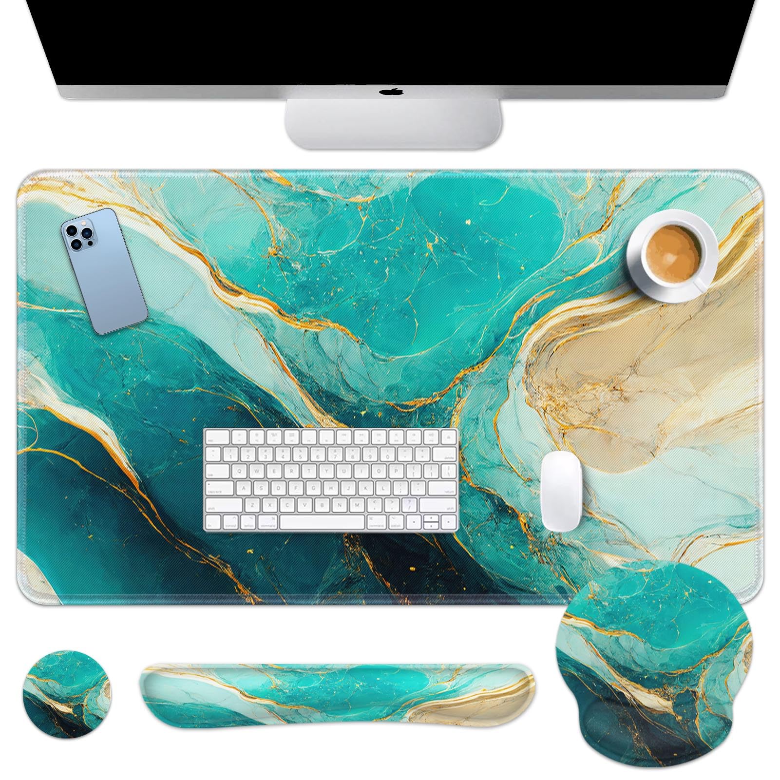 Britimes Green and Gold Marble Keyboard Mouse Pad Set 4in1 Large Mousepad+Keyboard Wrist Rest+Mouse Wrist Rest+Coaster Set with Ergonomic Design for
