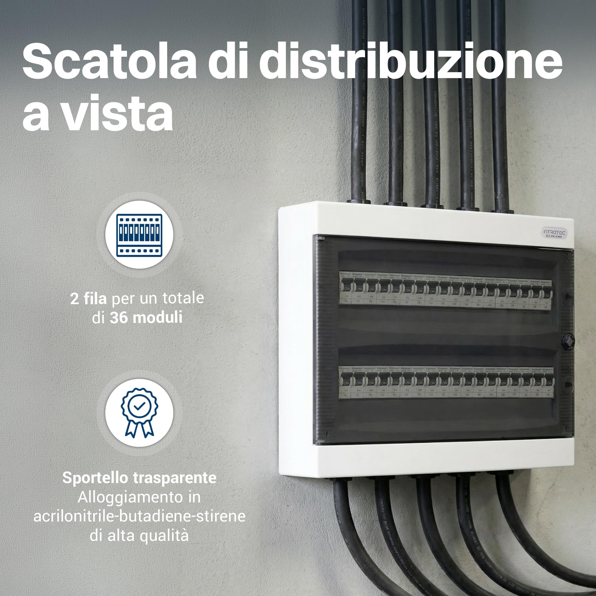 Intratec Centralino da Incasso Esterno 2 Fila – IP40 Quadro Elettrico per 36 Moduli con Porta Bianca per Facile Installazione in Casa e in Ambienti Professionali – 361 x 396 x 112 mm