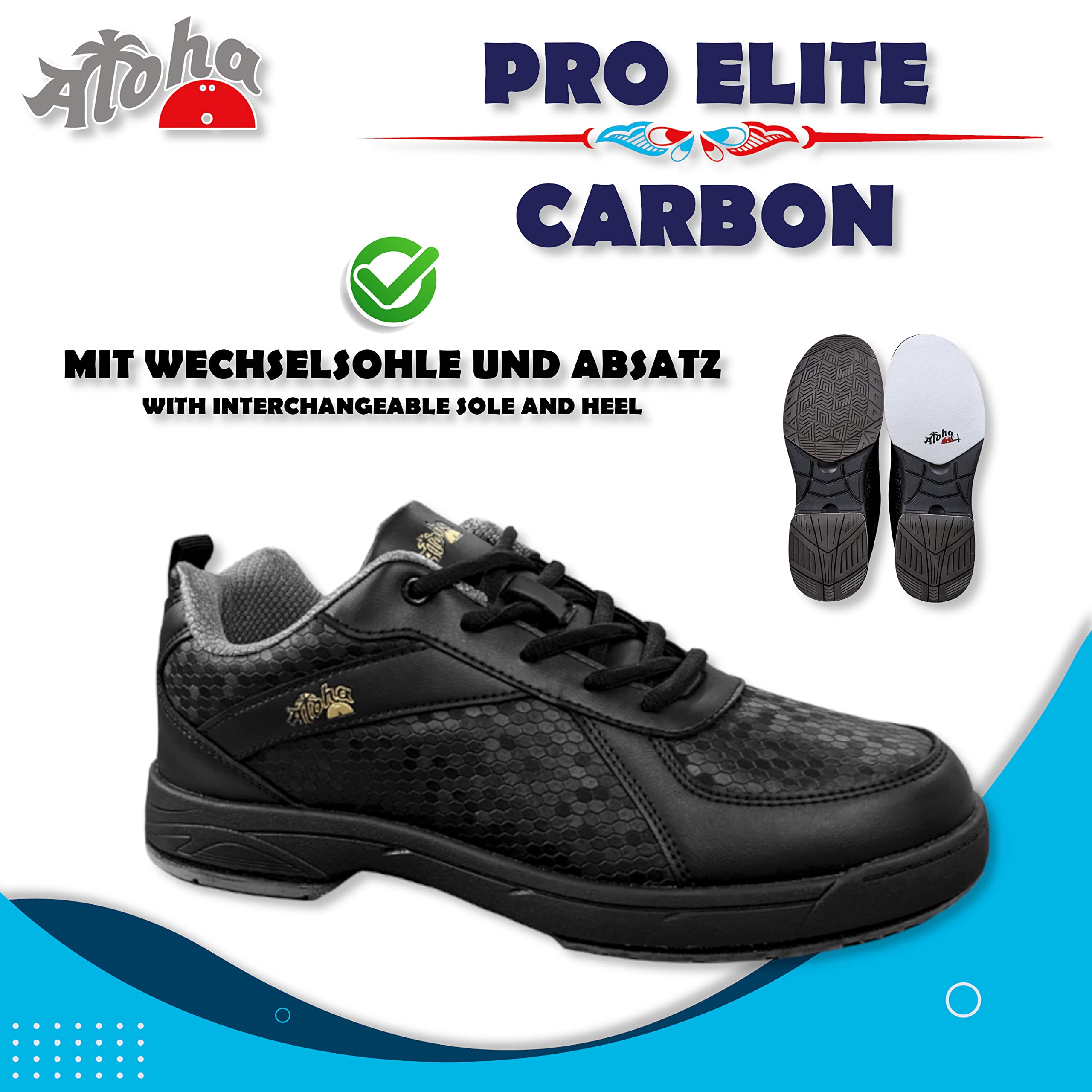 Chaussures de bowling [Aloha] Pro Elite - Carbone | Avec semelle interchangeable des deux côtés | Chaussures pour homme avec différentes semelles coulissantes et talons inclus - [Design élégant