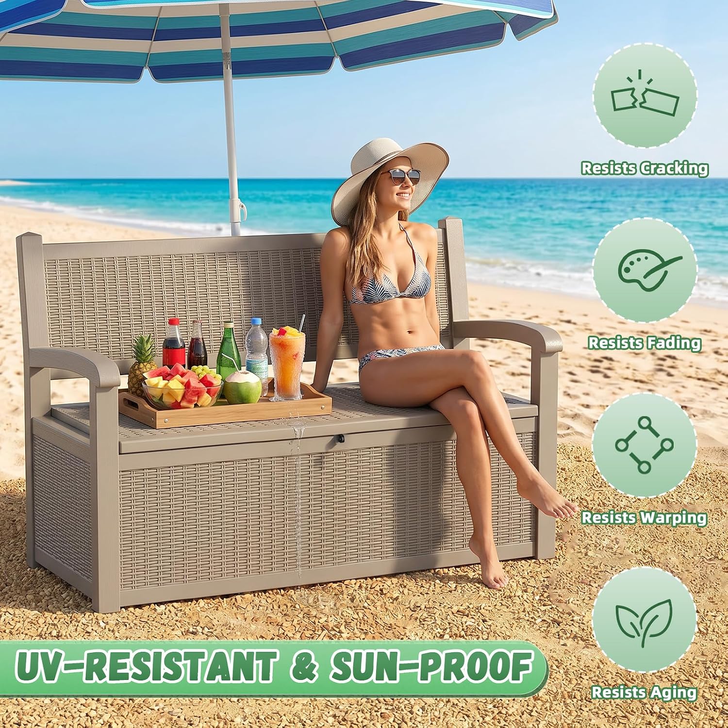 80 Gallon Outdoor Storage Bench Waterproof Resin Lockable UV Resistant Deck Box Benches Furniture Outside Porch Patio Pool Garden Tool Cushion Beige