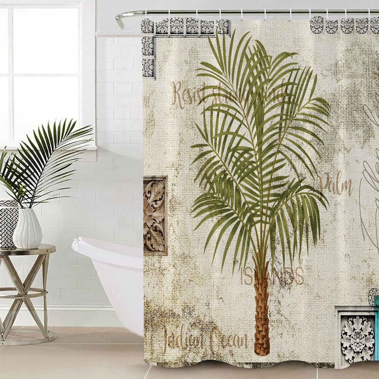 ZOE GARDEN Retro Palm Tree Shower Curtain Set with Hook 36" x 72", Washable Cloth Polyester Fabric Shower+Curtain, Rustic Tropical Botanical Summer