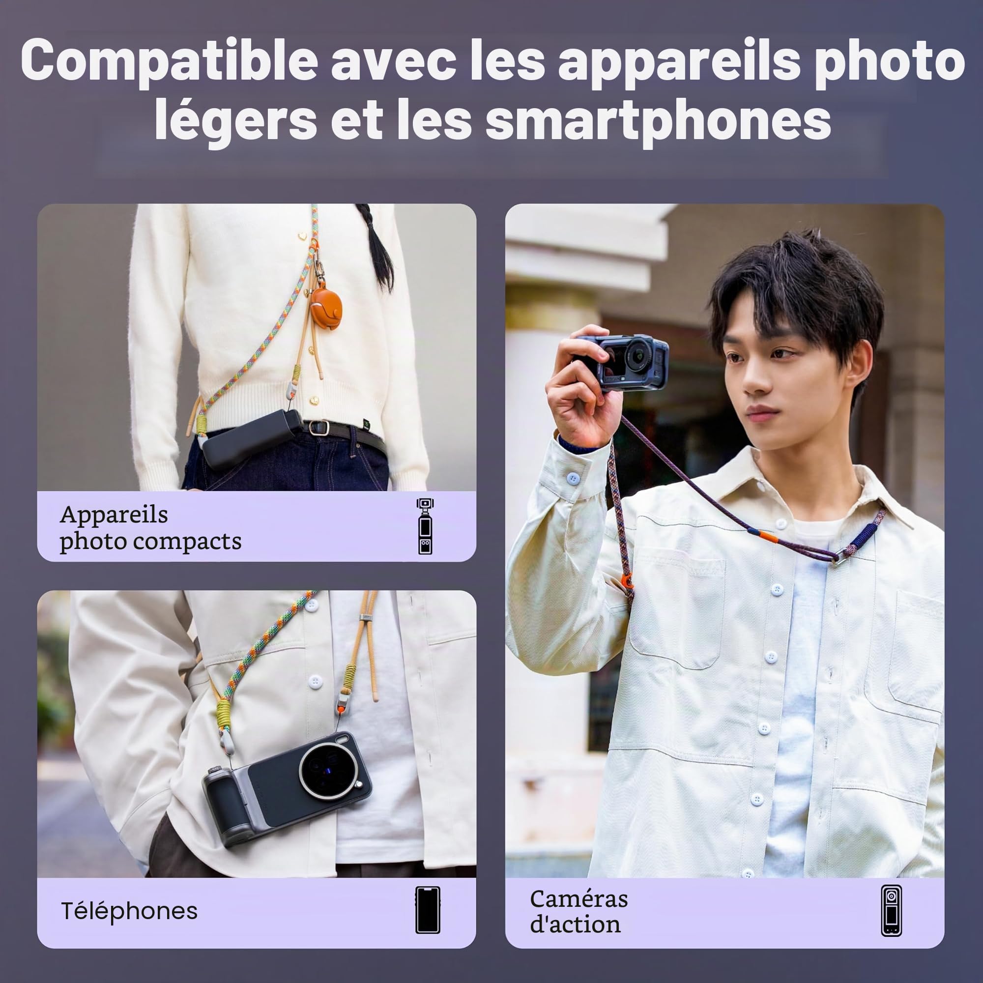 PGYTECH Bandoulière pour DJI Osmo Pocket 3, 2-en-1 Sangle de Cou et Dragonne avec Système de Libération Rapide Mini, Cordon Tressé à la Main Haute Résistance, Charge Max 10kg, Réglable, Refined Style