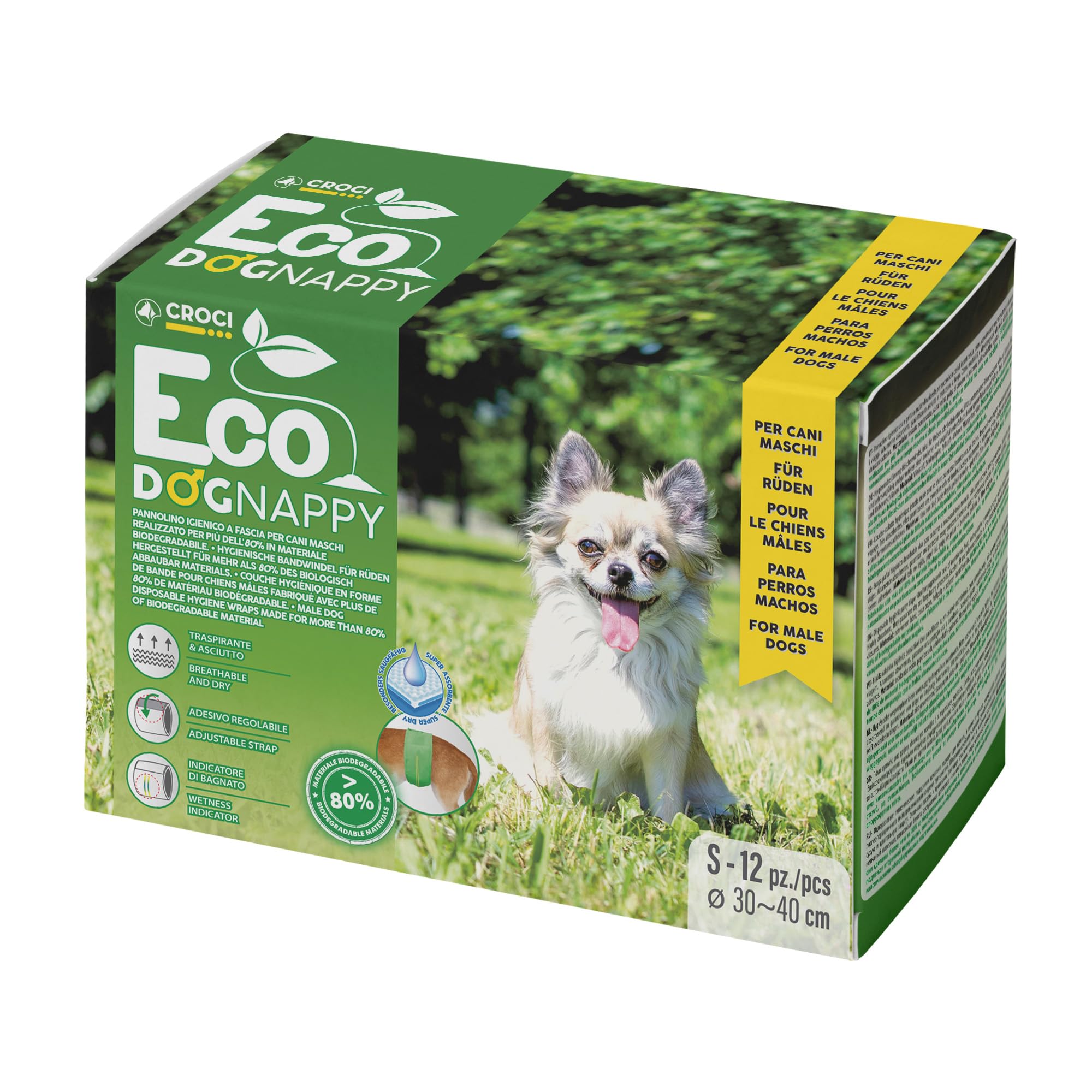 Croci Eco Dog Nappy - Biodegradable Male Dog Diapers - Dog Underpants for Pee - Hygiene Band Diapers for Male Dogs, Anti-odour, Disposable, 12 Pieces, Size S, 30-40 CM