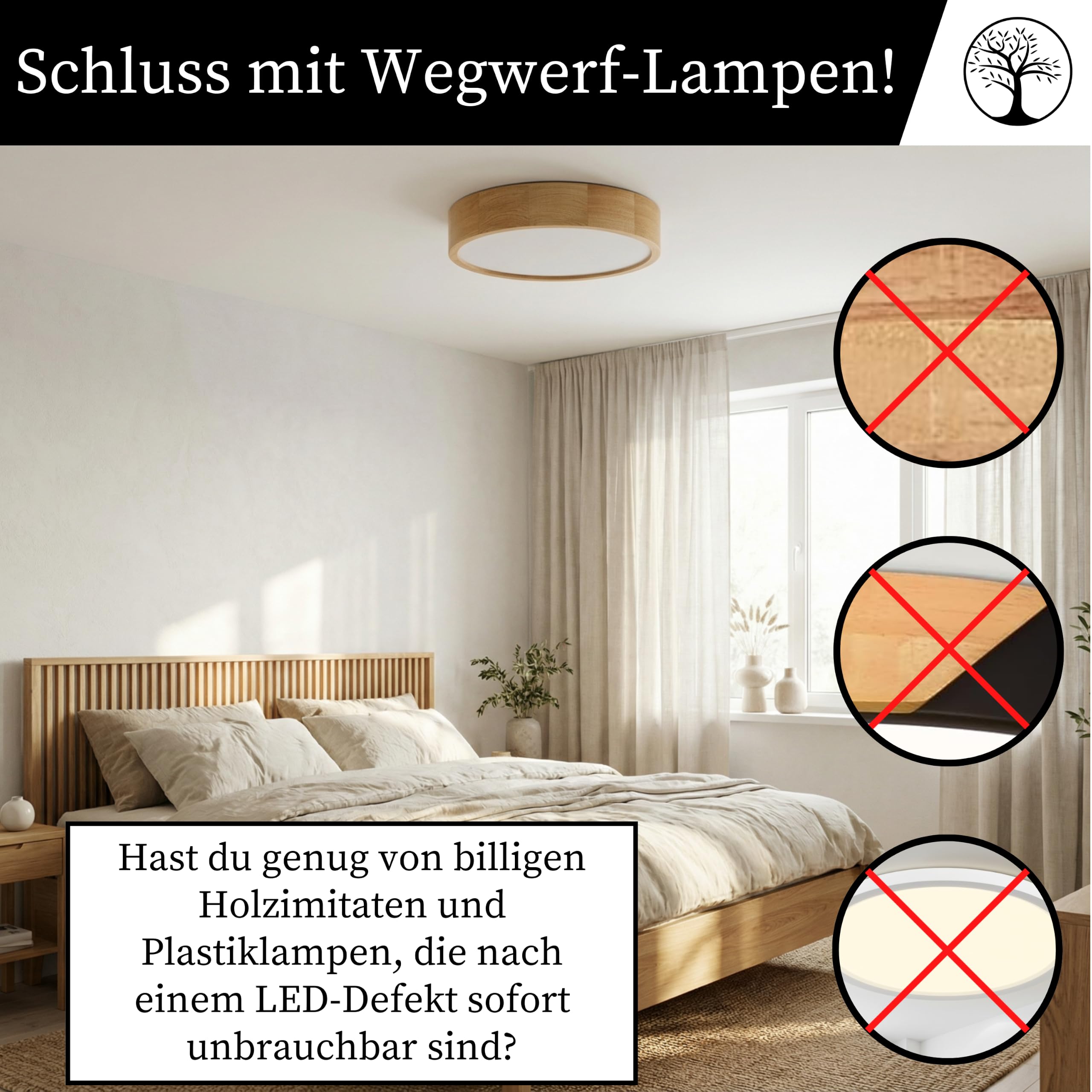 Deckenleuchte Holz - Rund Modern Holzlampe 2xE27 (37 cm) - Deckenlampe Eiche - Natur Lampe für Schlafzimmer, Wohnzimmer, Flur, Küche - Stilvolles Design Eichenholz - LEJA 40 cm