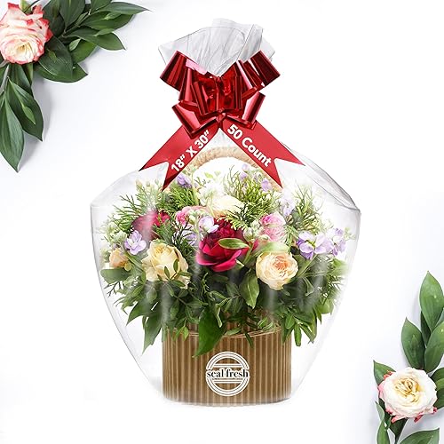 Seal Fresh Bolsas de celofán extra grandes (cinta y cesta no incluidas) 18 x 30 pulgadas (50 unidades) Bolsas de envoltura de cesta transparente,