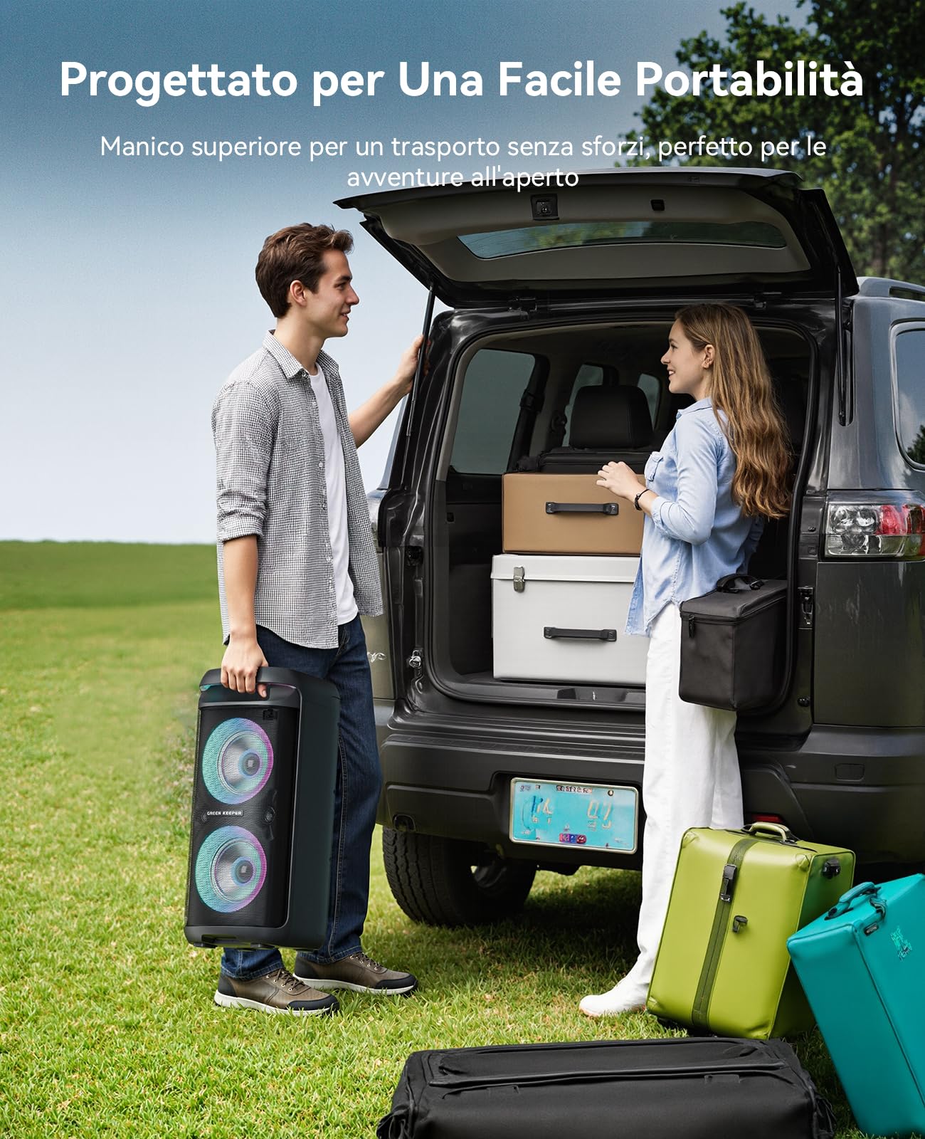 GKD60 Cassa Karaoke con 2 Microfoni, Potente Speaker Bluetooth da 500W, Sistema Audio Professionale con Luci LED, Compatibile con TF/USB/AUX/FM/TWS, Perfetta per Feste all’aperto e Riunioni Familiari