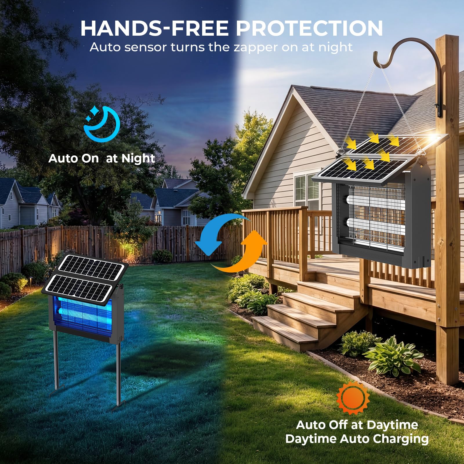 Verbesserter Solar-Bug-Zapper für den Außenbereich mit zwei Paneelen, 4500 V, kabellos, wiederaufladbar, Fliegen-Insektenvernichter, wasserdicht, elektrischer Mückenvernichter für Terrasse, Garten