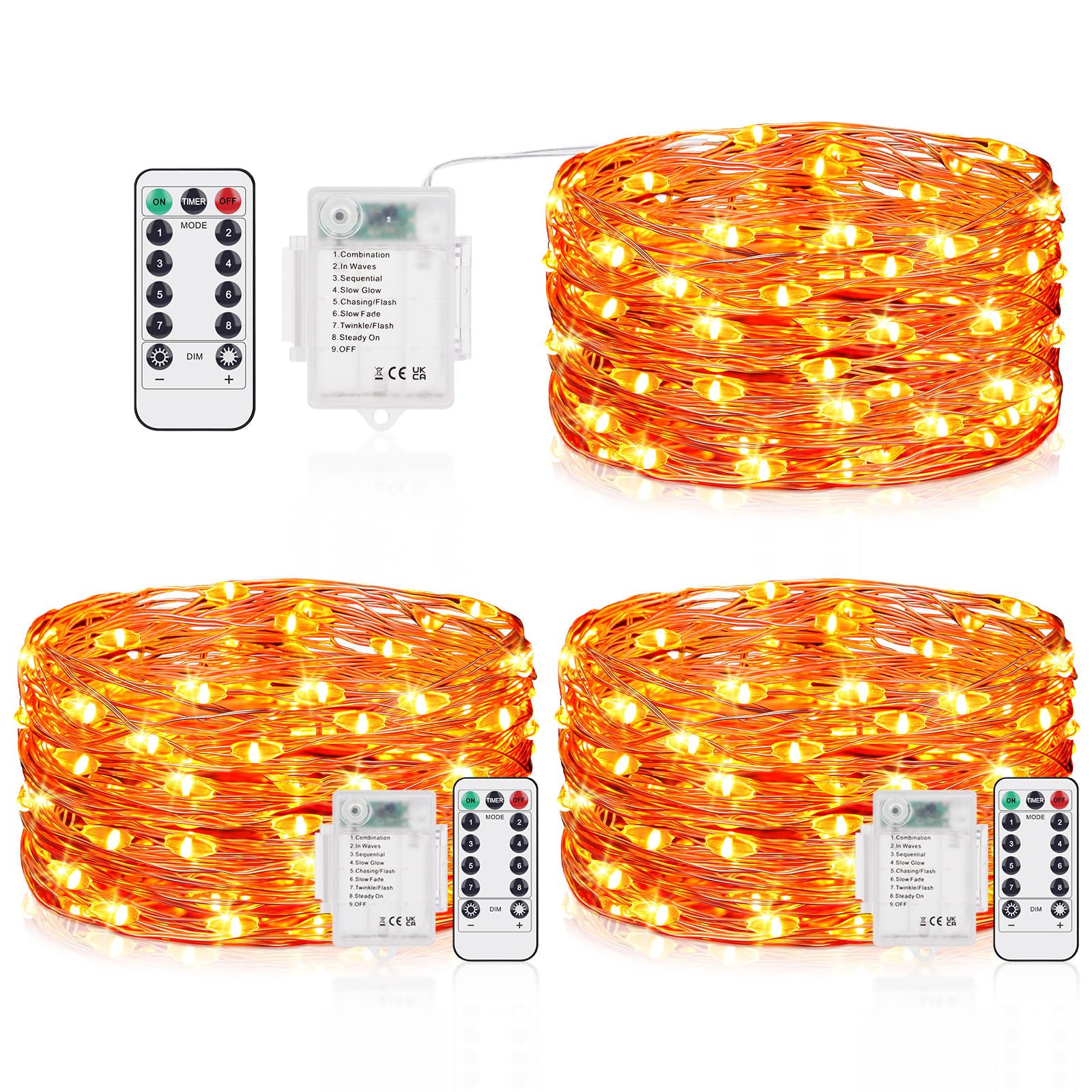 Vacoulery Orange Fairy Lights Battery Operated, 5M 50 LED Halloween Decoration String Lights with Remote Control, 8 Modes Waterproof for for Autumn Halloween Christmas Home Decor (3 Packs, Orange)