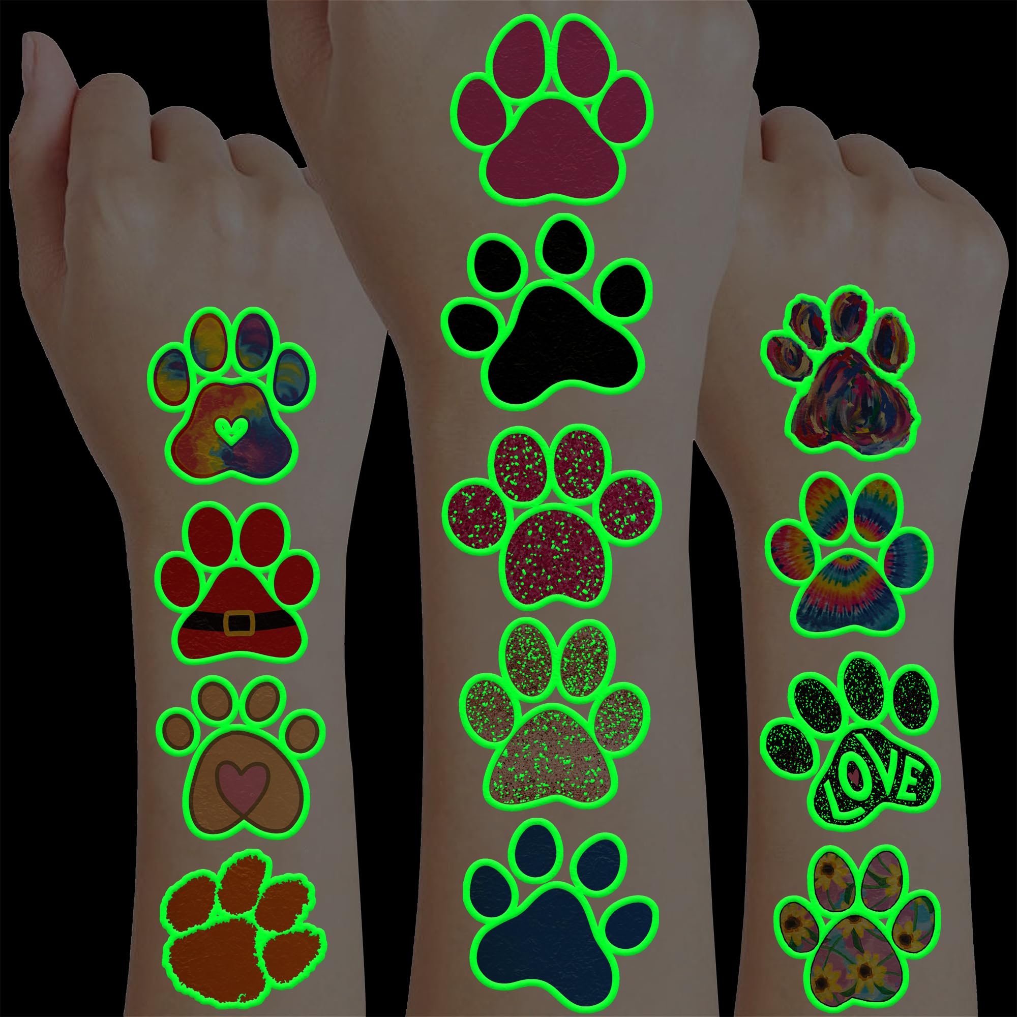 96PCS Dog Cat Paw Print Pre-Cut Luminous Glow in the dark Temporary Tattoos for Kids Themed Birthday Party Decorations Supplies Decor Favors Super