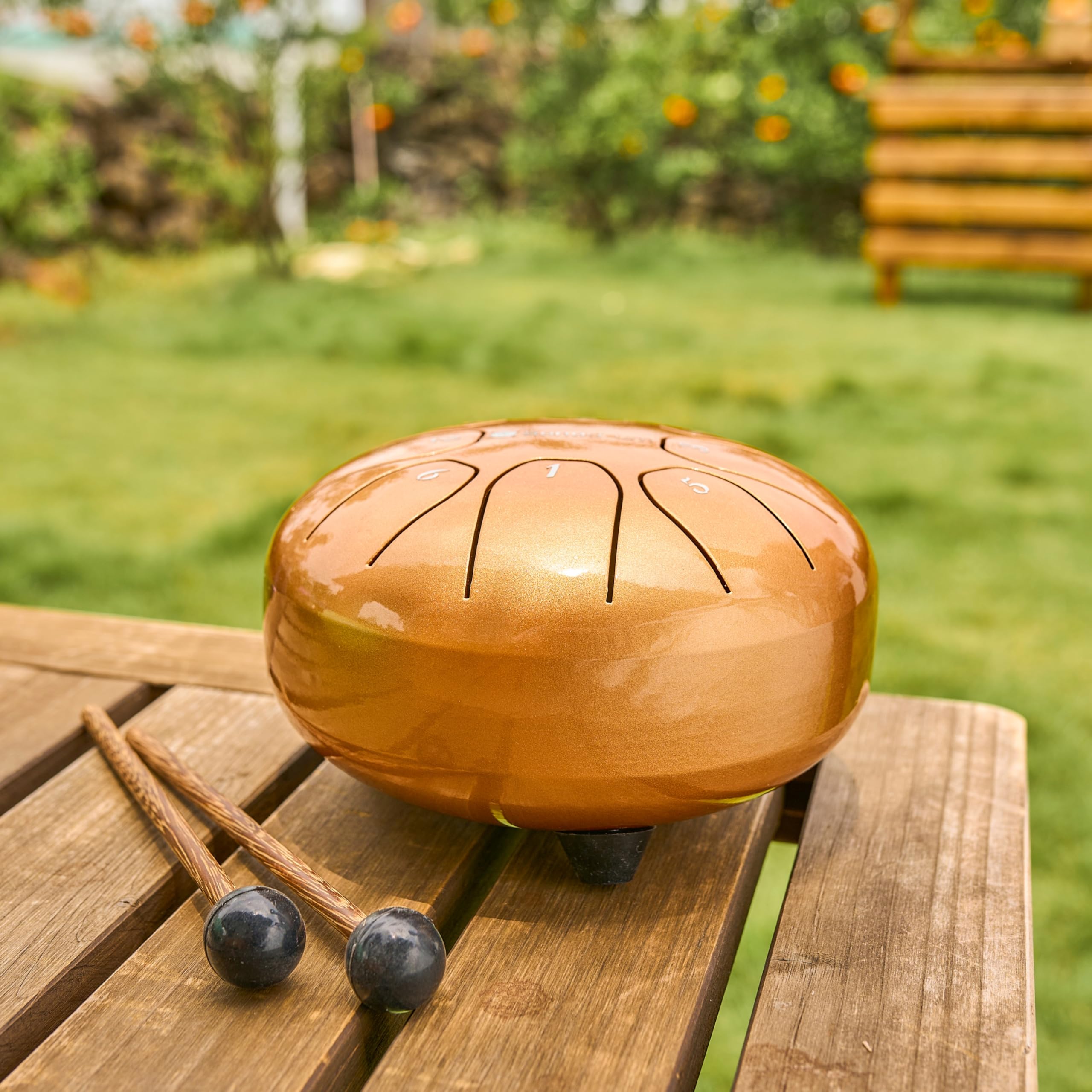 tamburo a lingua d'acciaio 'Standard' in Do Maggiore, oro - 14 cm con 8 note - steel tongue drum con canzoniere, mazzuoli, fingersticks e borsa da trasporto. Senza leggere le note.