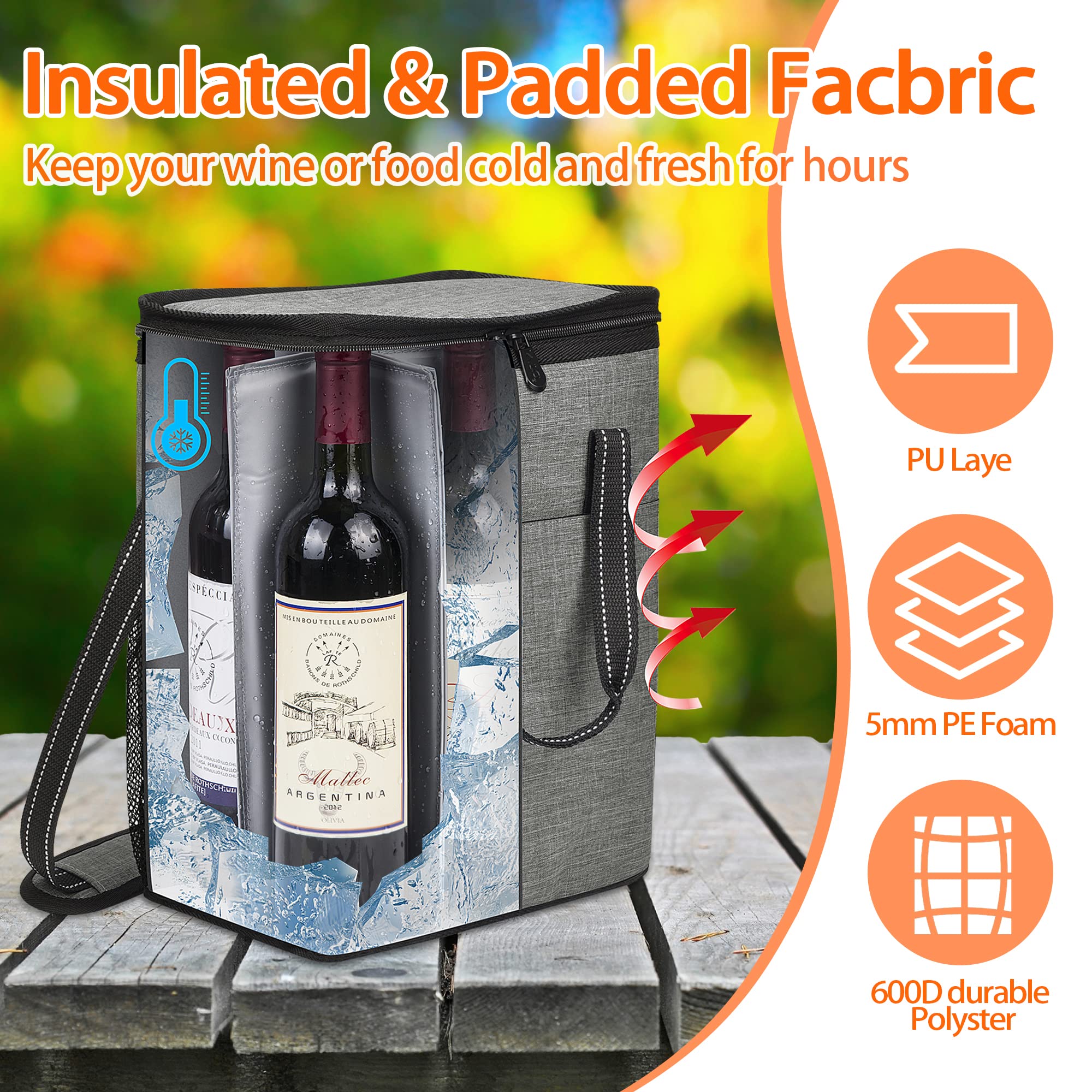 Kato Tirrinia Borsa termica per 6 bottiglie di vino, frigo, picnic e campeggio, grigio