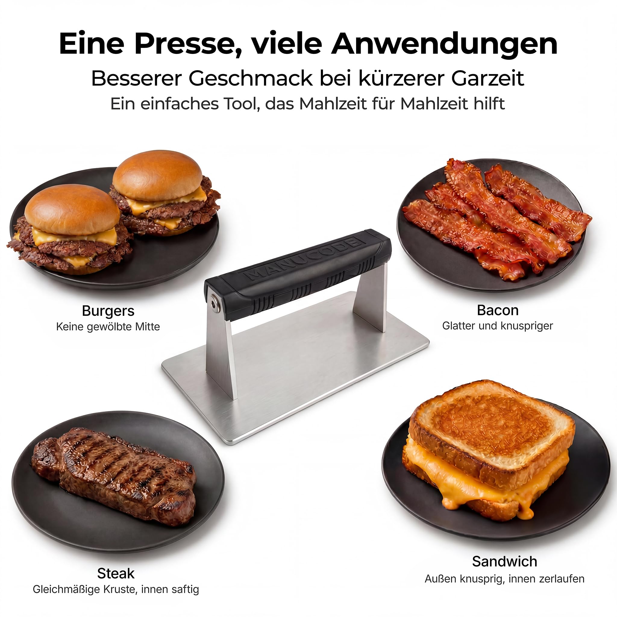 Smash-Burgerpresse, 304 Edelstahl, 1,13 kg, 21×10,8 cm | Hochleistungs-Burgerpresse, Für Burger, Speck, Steak & Sandwiches, Spülmaschinenfest, Hitzebeständig, Flacher Kochgewicht