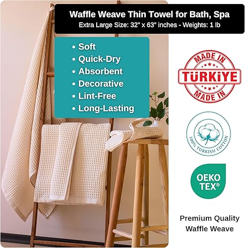 Miniatura 3 de PÜSKÜL - Juego de 2 toallas de baño de punto gofre de alta calidad, 100% algodón turco, de secado rápido, absorbentes, ligeras, delgadas, de 32 x 63