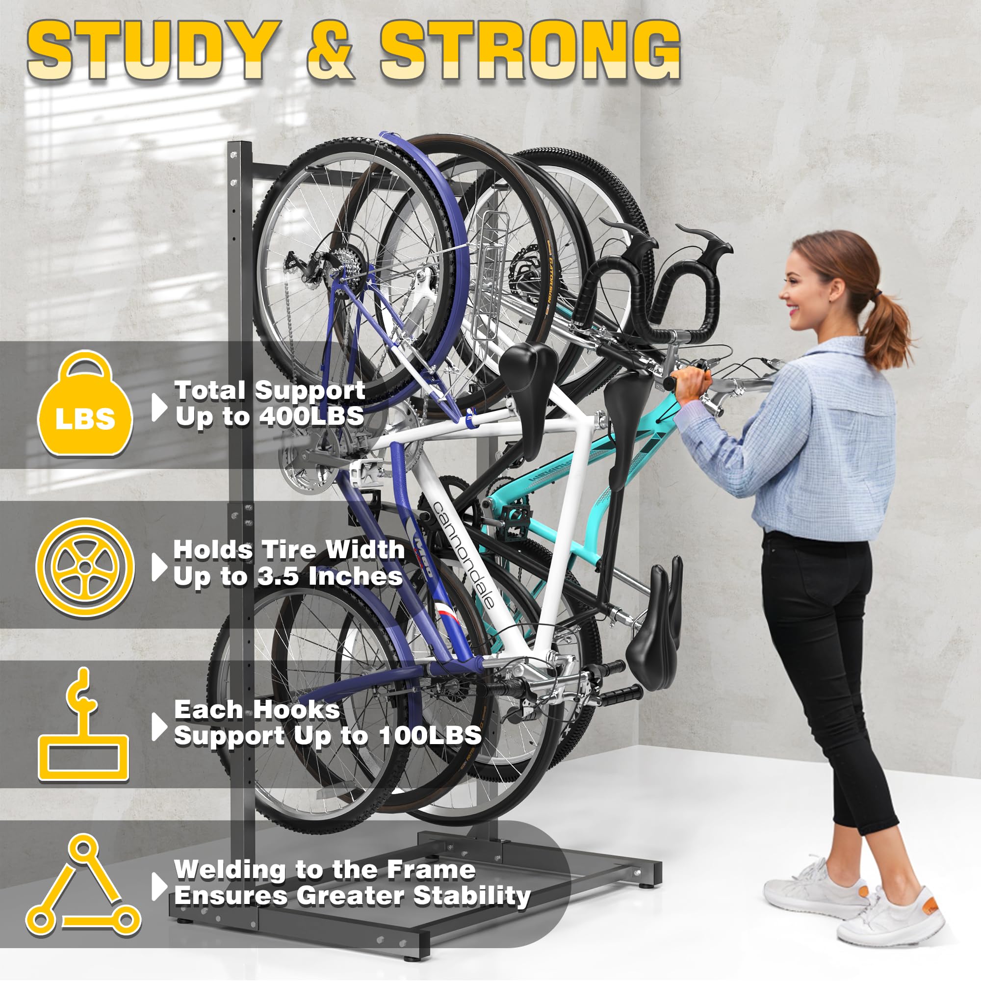Ultrawall Freestanding Bike Rack, Vertical Bike Storage Stand for Garage, Indoor Bicycle Organizer, Holds Up to 4 Bikes
