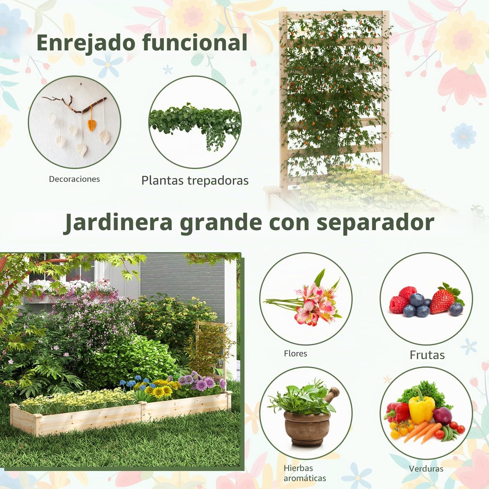 GOPLUS Jardinera con enrejado, bancal alto con enrejado, jardinera con suelo abierto, enrejado de madera de abeto, bancal de hierbas para patio, terraza (235 x 63 x 102 cm)