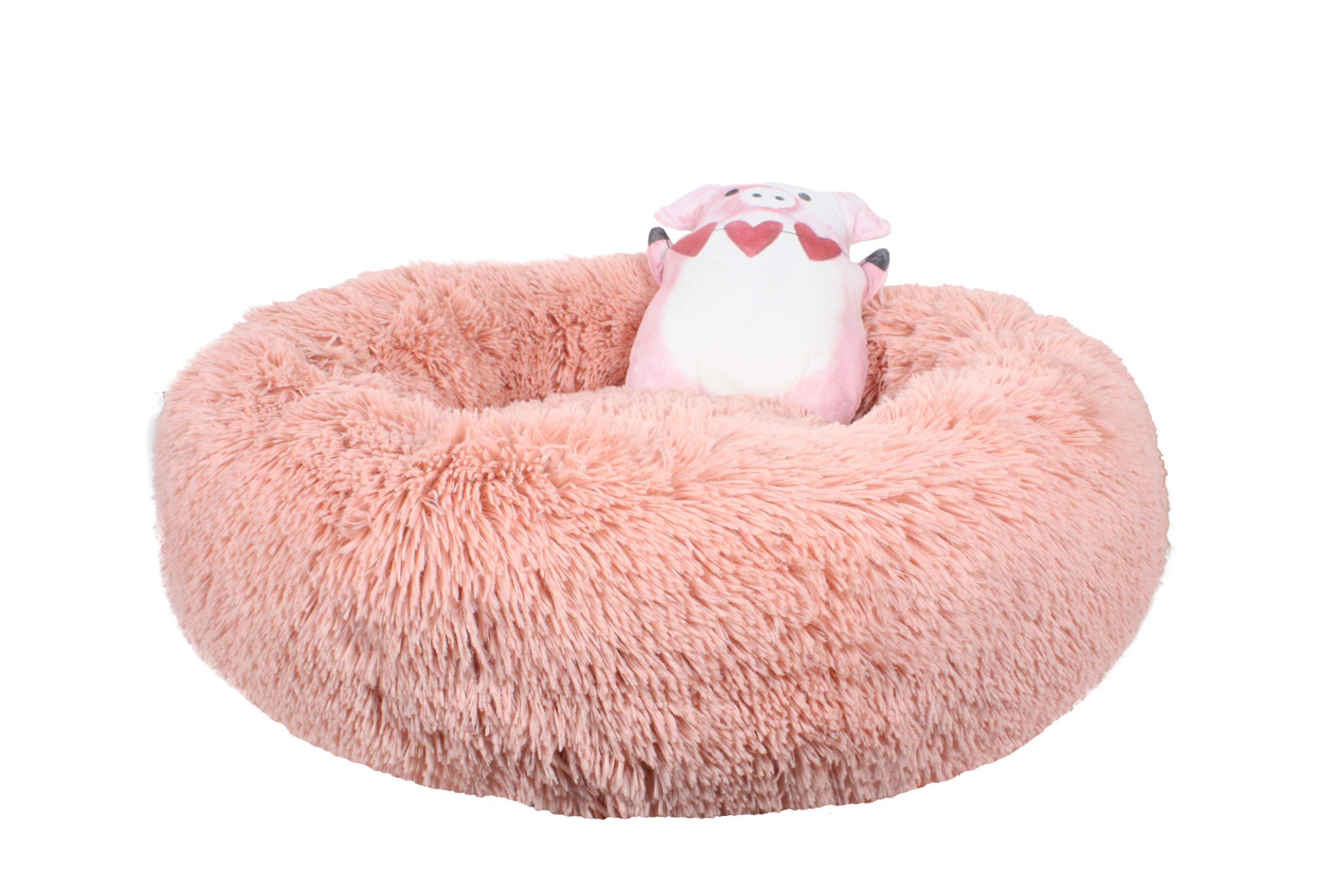 Dream Paws Calming Donut Dog Bed for Small Dogs & Cats, Fluffy Anti-Anxiety Pet Bed with Soft Faux Fur, Washable Plush Round Cuddler Bed with Squeak Toy, Non-Slip Base | Pink 58x58cm