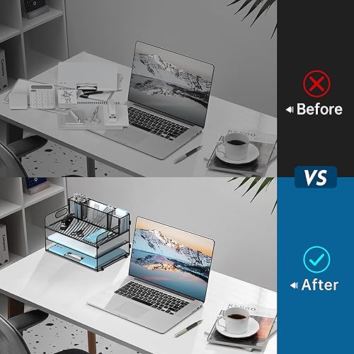 Miniatura 6 de Organizador de archivos de escritorio de 3 niveles con soporte para bolígrafos, bandeja de papel de malla para escritorio, soporte plegable con asa