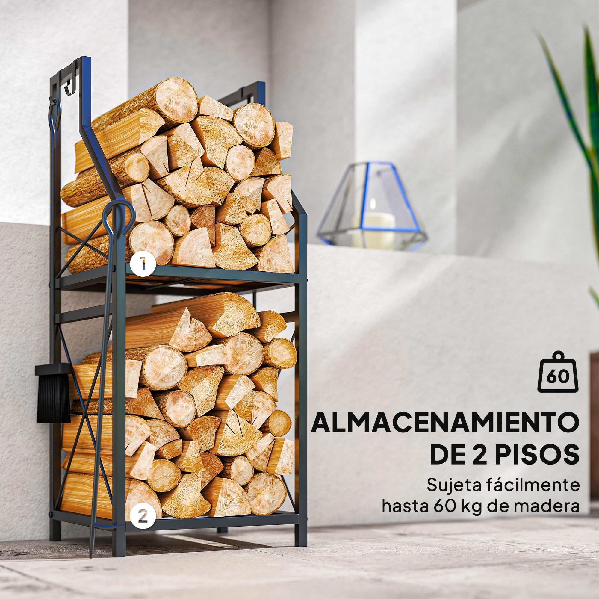 Outsunny Estante de Leña Metálico de Chimenea, Soporte para Leña de 2 Niveles, Leñero Exterior con 4 Herramientas, Ganchos y Base Elevada, para Interior y Exterior, 34x30x80 cm, Negro