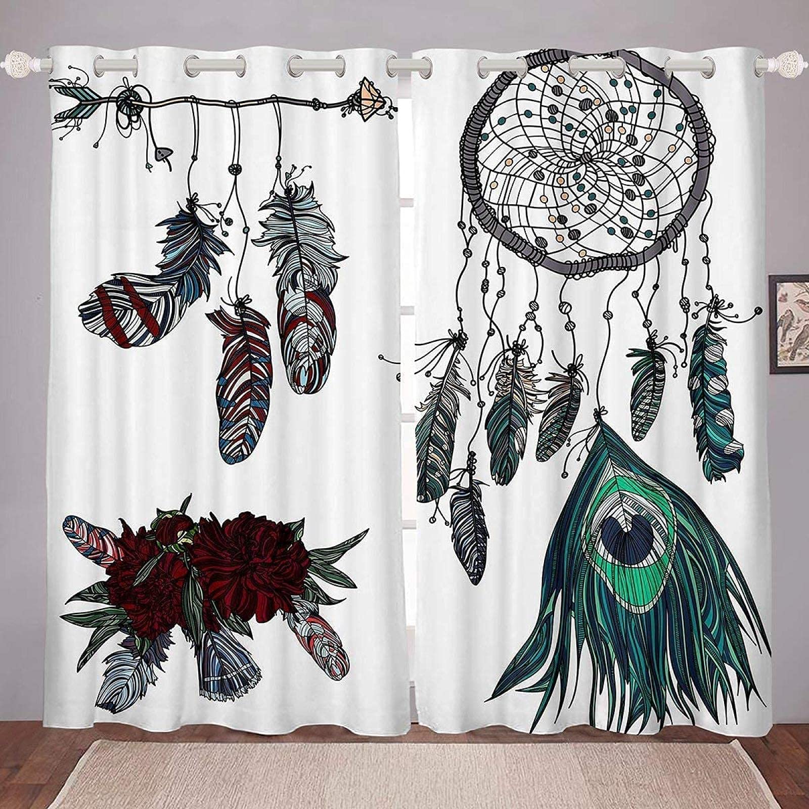 Zasłona zaciemniająca pawie pióro vintage kwiatowy boho 250 x 233 cm super miękkie zasłony do sypialni zasłona zaciemniająca - zasłona z oczkami do dekoracji pokoju dziecięcego