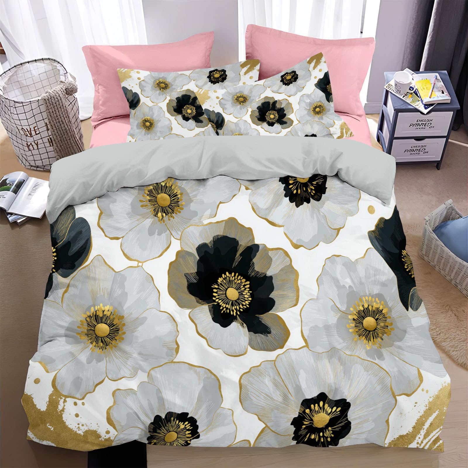 Linge de lit 2 personnes motif coquelicot noir blanc or avec fermeture éclair chic