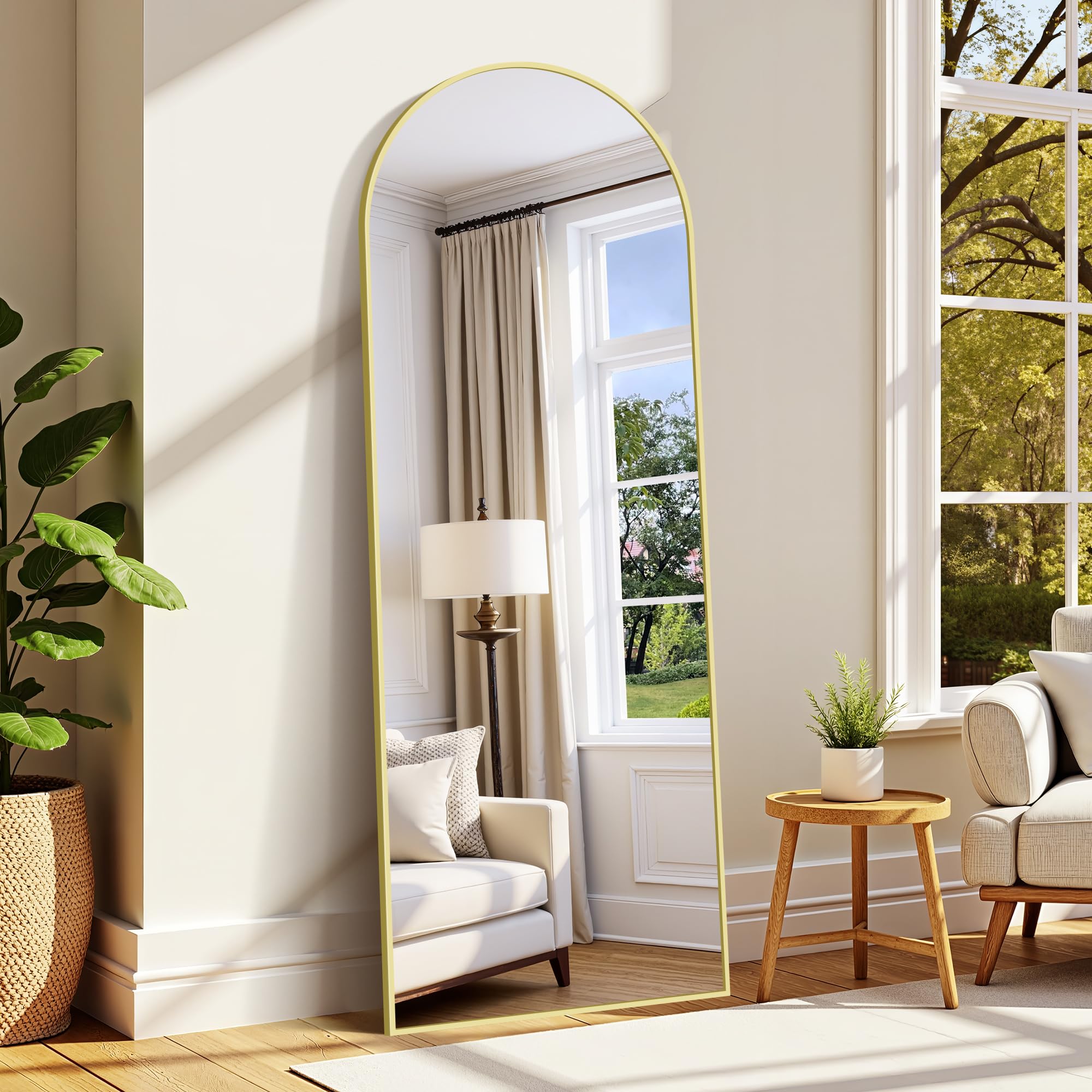 WOLIBEER Miroir sur Pied 179 x 65 cm, Grand Miroir Arqué en Pleine Longueur avec Cadre en Aluminium Doré, Miroir Mural sur Pied pour Salle de Bain, Chambre à Coucher, Entrée, Couloir, Vanité