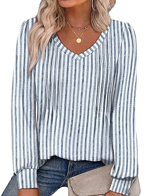 Alaroo Womens Long Sleeve Shirts Pleated V Neck Curved Hem Fall Winter Tunic Tops Blouses Print