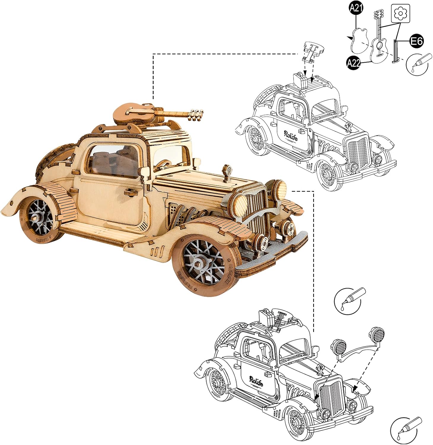 Assembly diagram for ROBOTIME Vintagഇ കാർ TG504