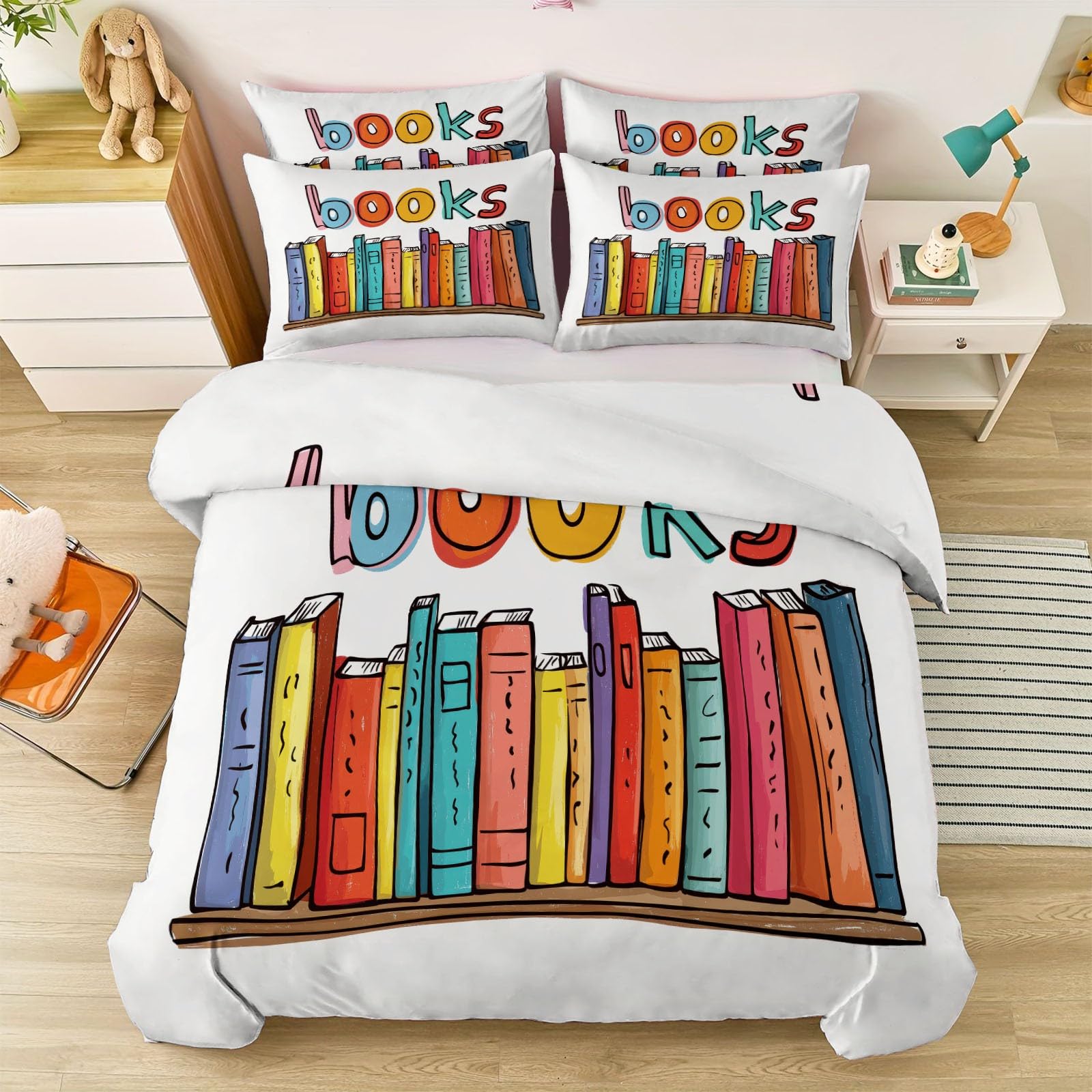 Generico Biancheria Da Letto Per Ragazze 200 x 200 cm, Fumetti Libri Linee Set Di Biancheria Bambini 3 Pezzi - Chiusura Lampo Copripiumino 2 Federa 50 X 75 Cm Bianco
