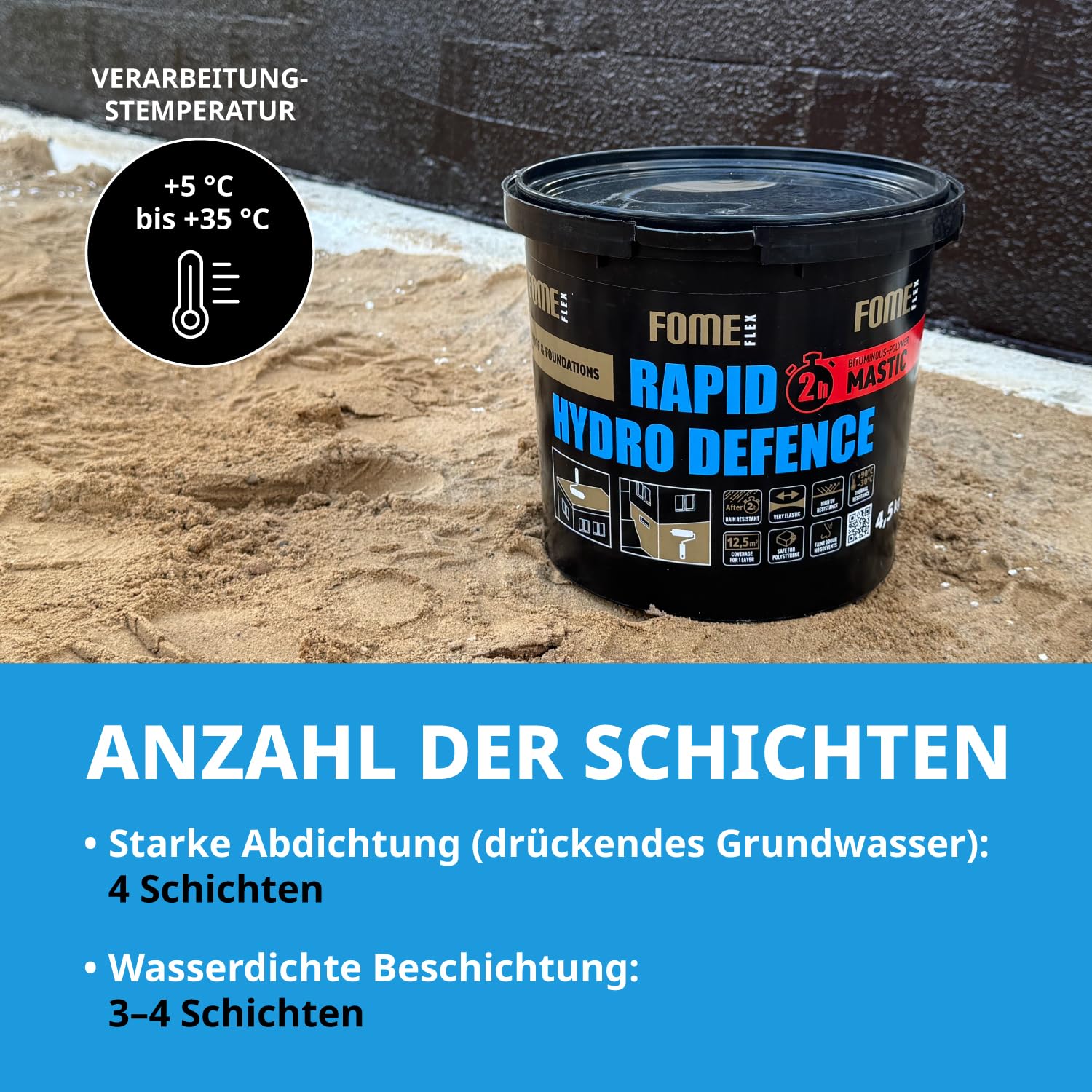 Rapid Hydro Defence Polymer-Bitumen Universaldichtmittel – Wasserdichte Feuchtigkeitssperre für Dach, Wände und Fundamente, Nahtlose Außenbeschichtung für Sanierung und Schutz (9,0 kg)