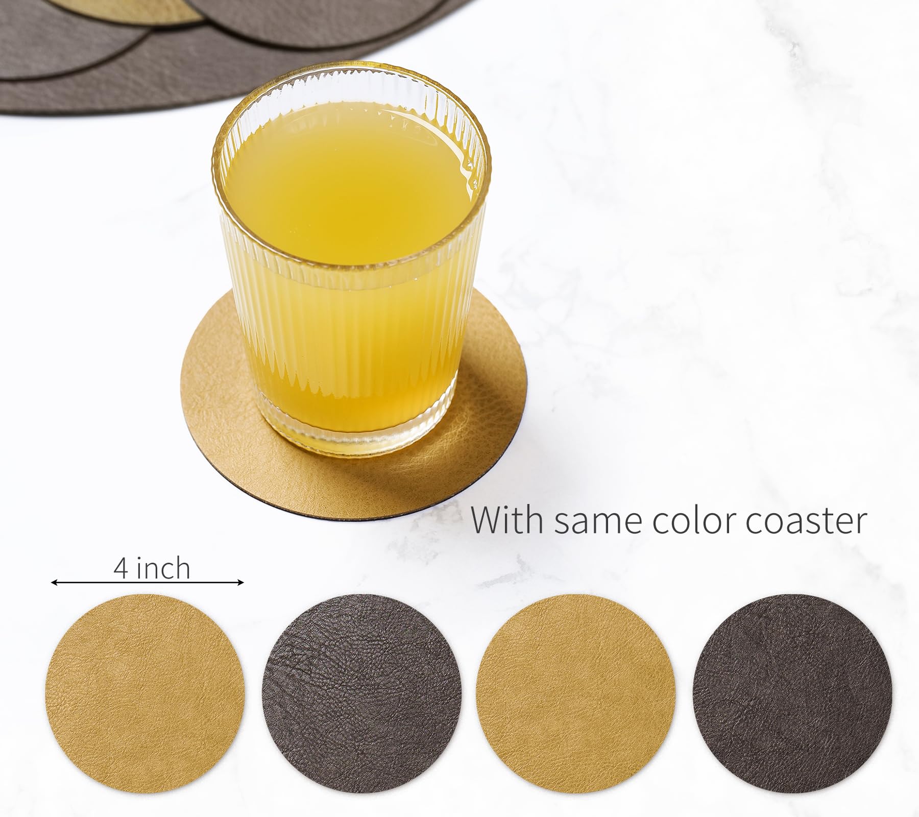 RENMTURE Juego de 4 manteles individuales de piel sintética de doble cara y doble color, con tapete para 4 tazas, lavables, para cocina, mesa de comedor, restaurante, cafetería (amarillo jengibre