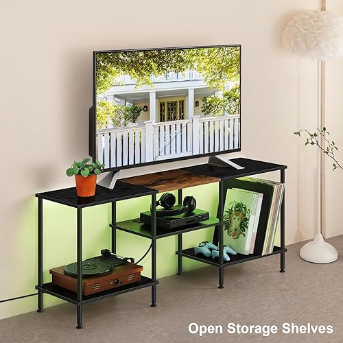 Miniatura 7 de BTY Soporte de TV con luces LED, centro de entretenimiento de TV industrial con estación de carga y estantes de almacenamiento abiertos, consola