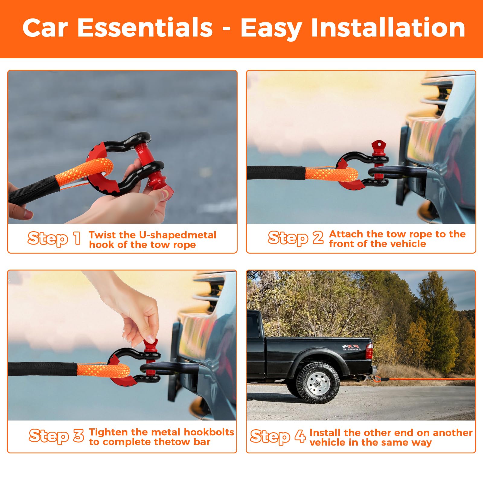 Cuerda de Remolque 6M (20 ft) 22.000 lbs (10T) Capacidad - con Guantes Antideslizantes+Bolsa de Almacenamiento+Accesorios - para Camiones,Jeep,Tractores,ATV,UTV, urismos - Rescate en Carretera