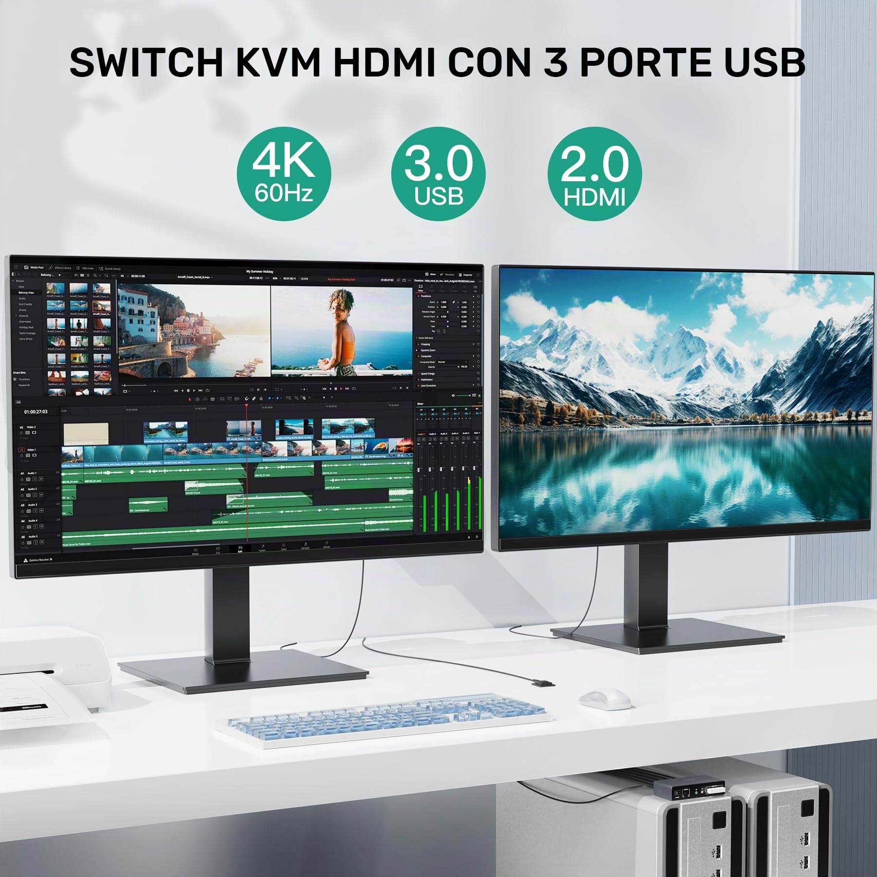 SUIDEK Switch KVM HDMI 2 Monitor 2 Computer, Dual Monitor USB KVM Switches 4K@60Hz, HDMI Extended/Mirror Display per 2 PC Share 2 Monitor, con 3 porte USB 3.0, controller desktop e 2 cavi USB