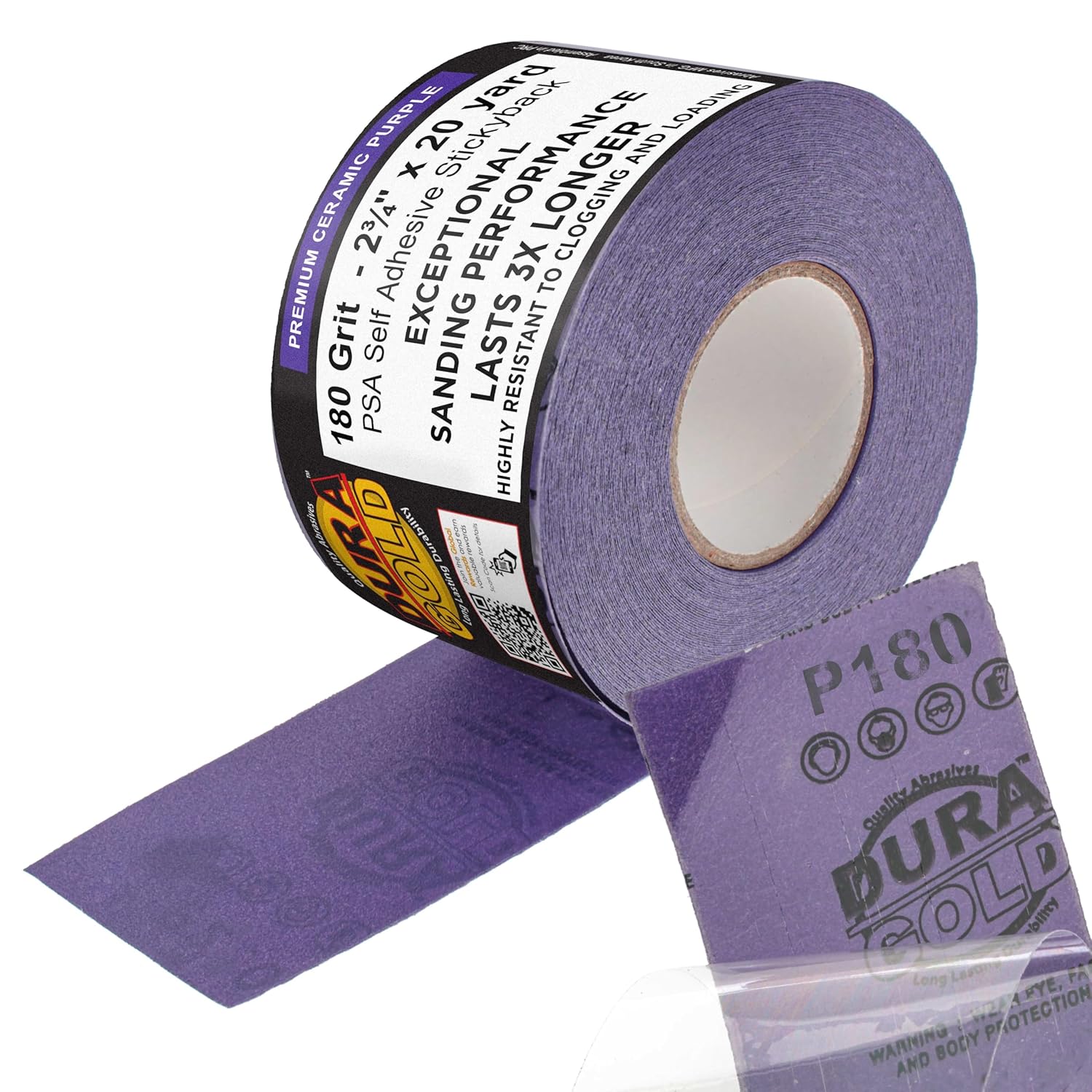 Dura-Gold Premium 180 Grit PSA Purple Film Ceramic Longboard Sandpaper, 2-3/4" Wide Continuous 20 Yard Roll - Self Adhesive Stickyback for Auto & Wood Air File Long Board Sanders, Hand Sanding Blocks