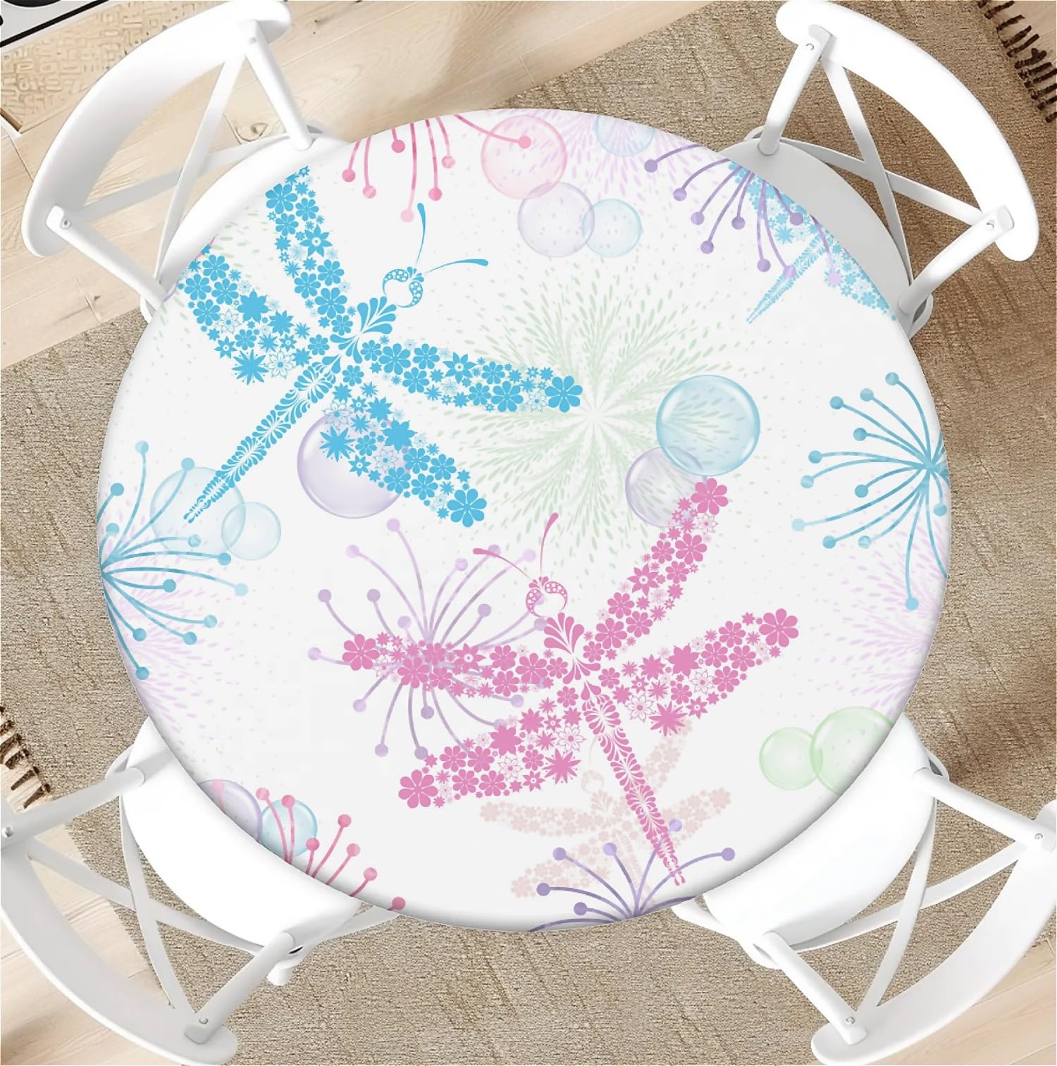 artslion Outdoor round tablecloth with elastic band Ø 36in(90cm) Elastic Garden Tablecloth with Colorful dragonfly Pattern