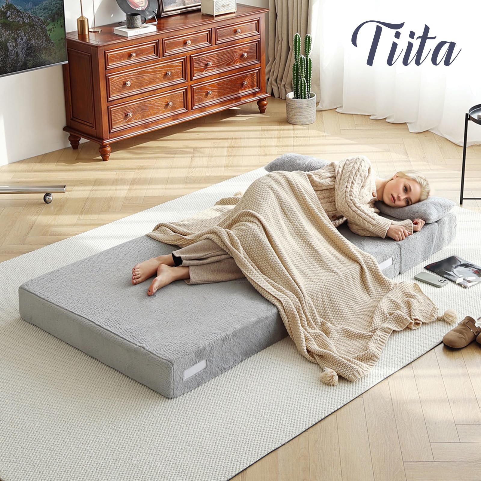 Sofá cama plegable con almohada, colchón de tamaño individual y tela de felpa con bolsa de almacenamiento portátil, tumbona de suelo, cama para sala de estar, habitación de invitados, 6