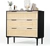 3 Drawer Dresser for Bedroom, Modern Rattan Closet Dressers Chest of Drawers, Wood Storage Cabinets Corner Bedside Table for Bedroom, Living Room, Entryway, HallwayBlack