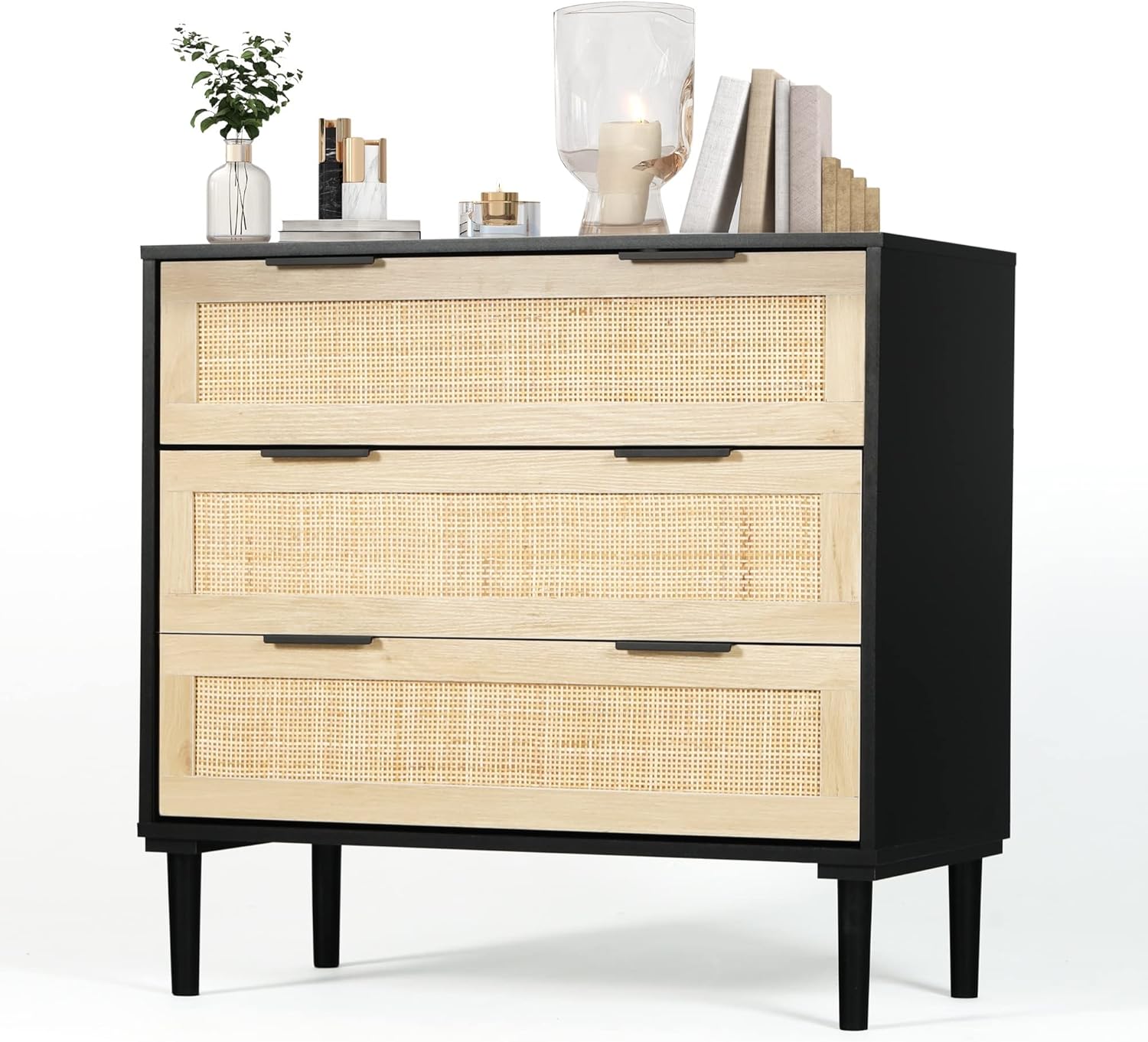Black and Natural Wood Mid-century Modern Rattan 3-Drawer Dresser